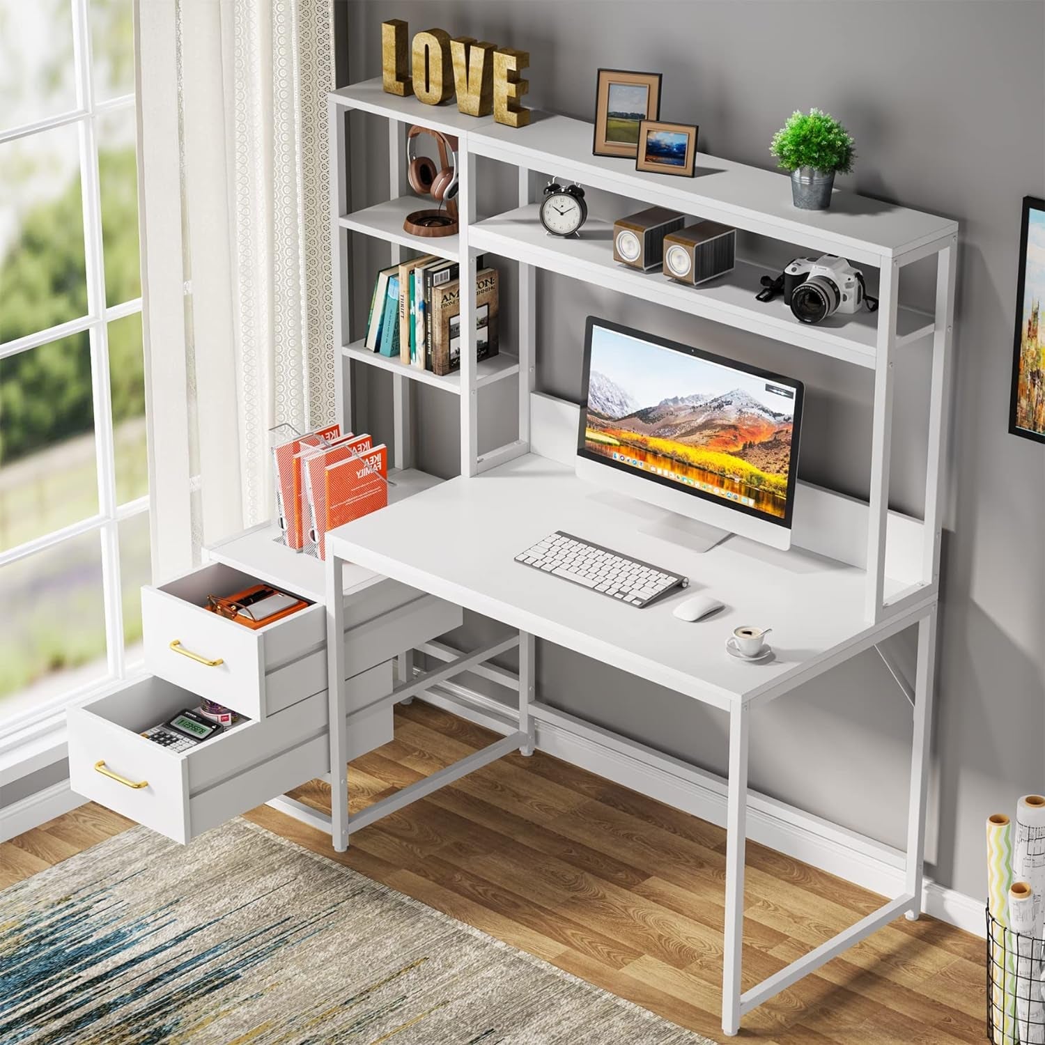55 Inch Computer Desk with 2 Drawers and Storage Shelves, Rustic Office Desk with Hutch, Study Writing Gaming Table Laptop Workstation for Home Office (White)-2
