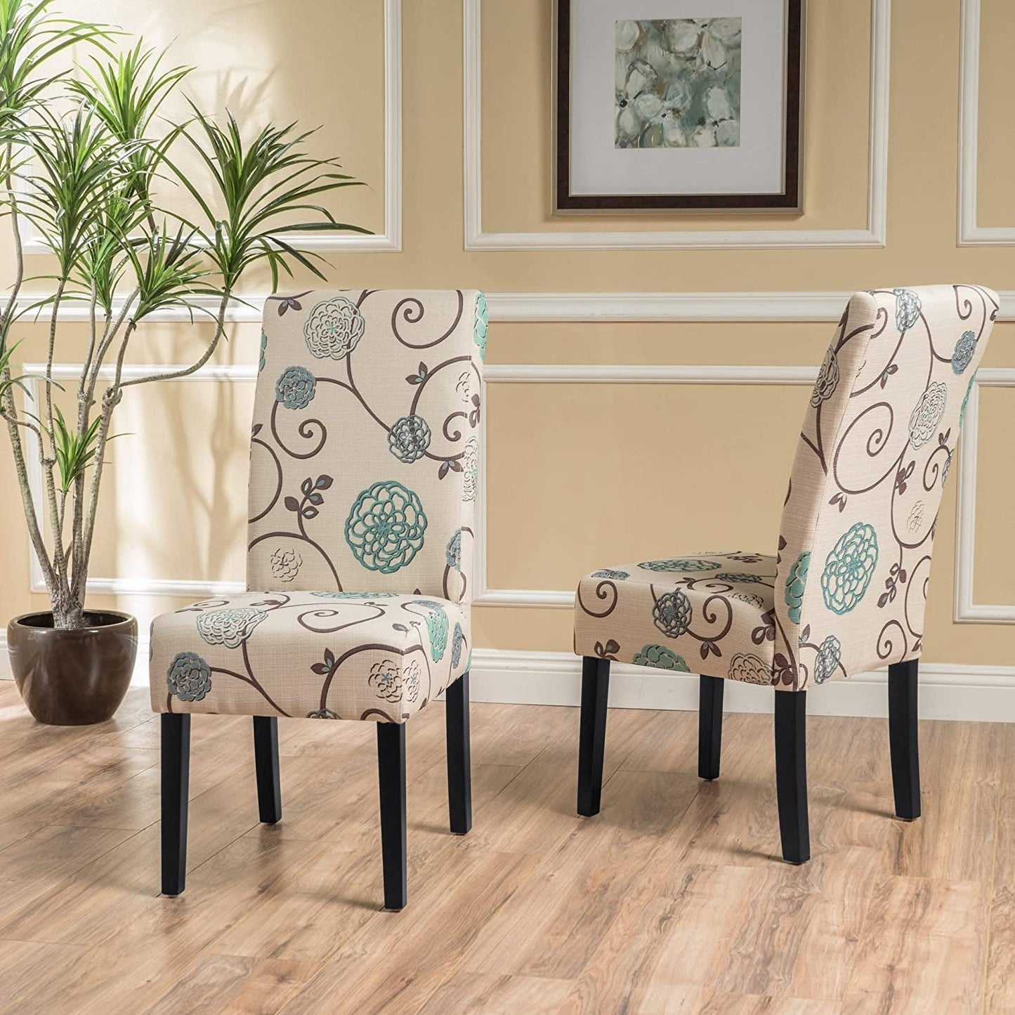 Set of 2 Pertica Fabric Dining Chairs, White and Blue Floral-0
