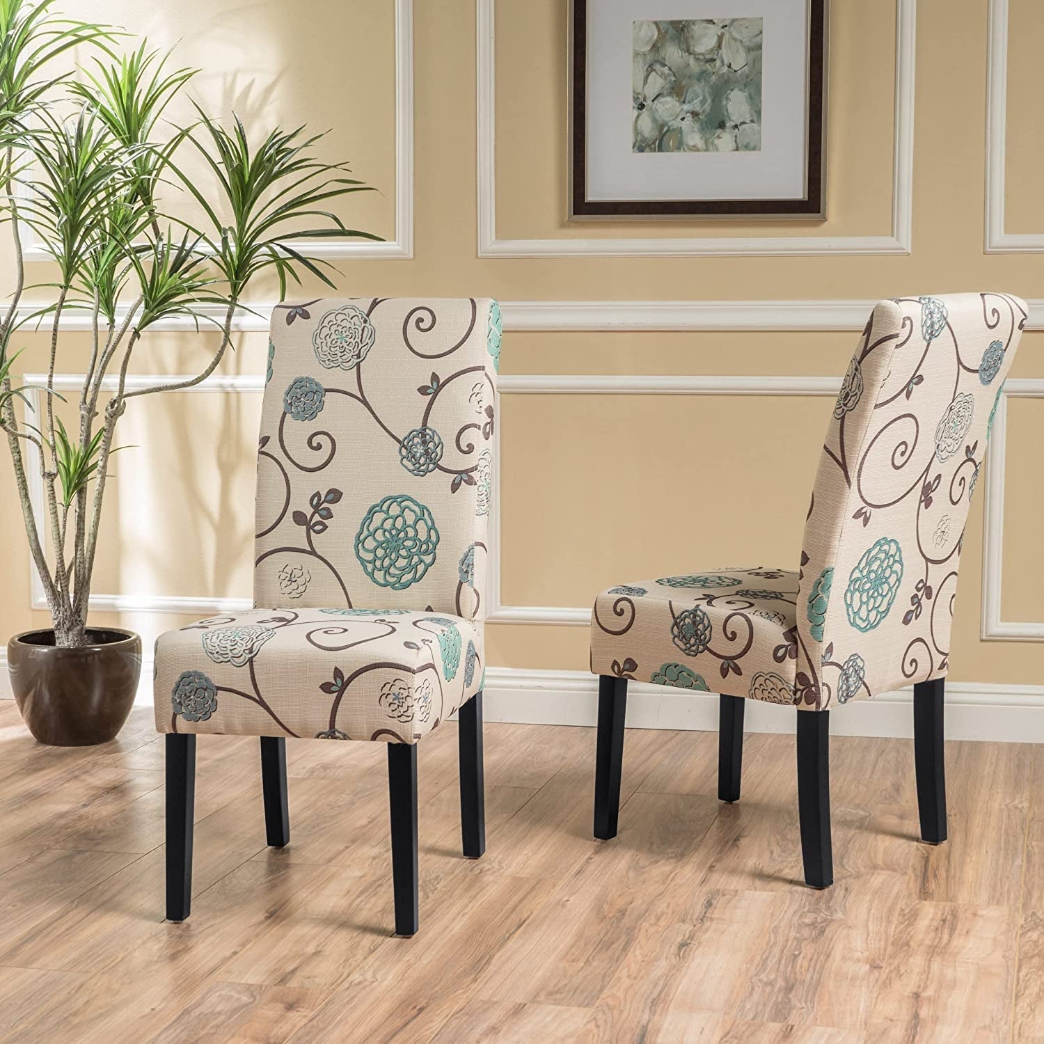 Set of 2 Pertica Fabric Dining Chairs, White and Blue Floral-0