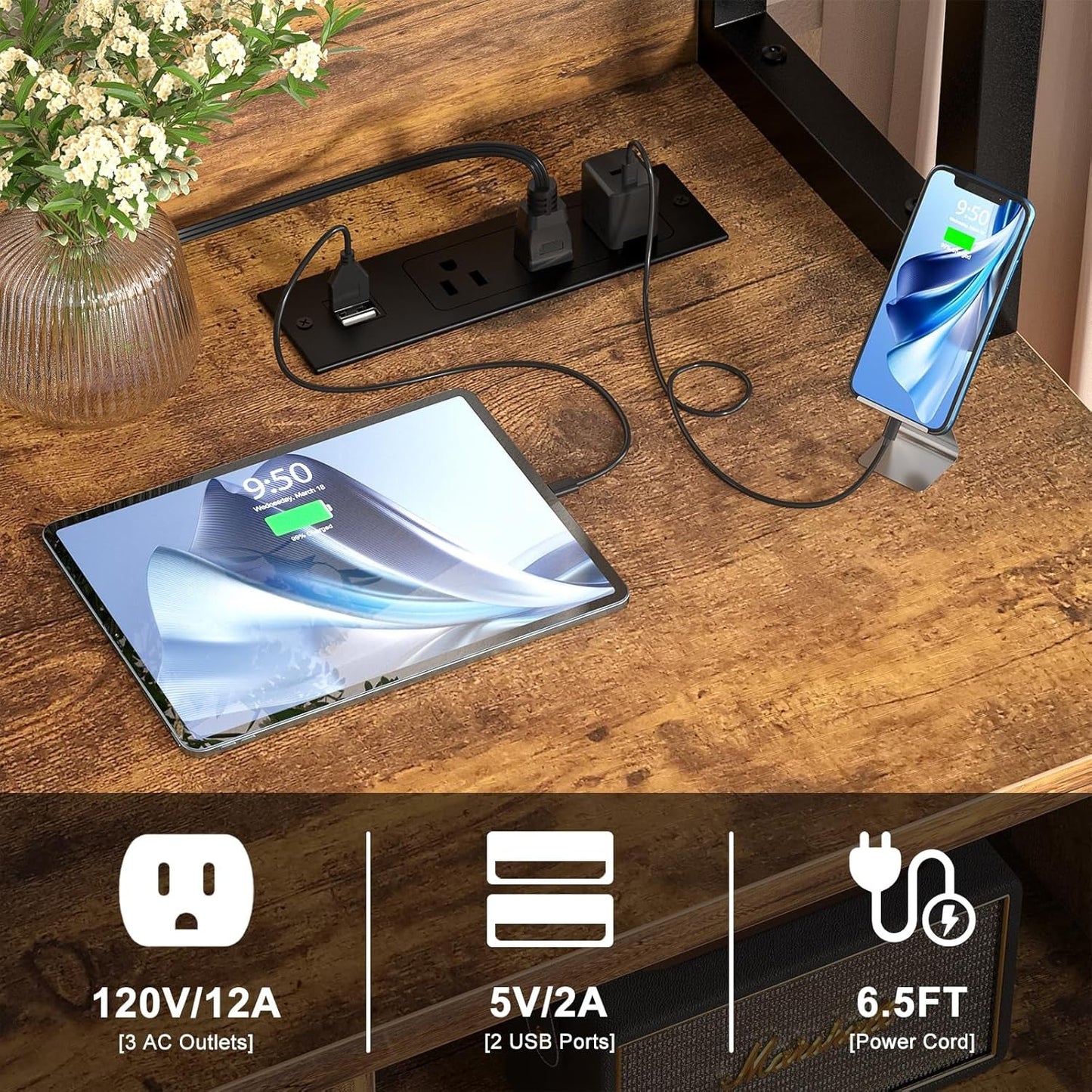 File Cabinet with Charging Station, Vertical Filing Cabinet with Lock & Large Drawer, Printer Stand with Storage Shelves, Office Storage Cabinet Fits Letter/A4/Legal Size,Rustic Brown-3