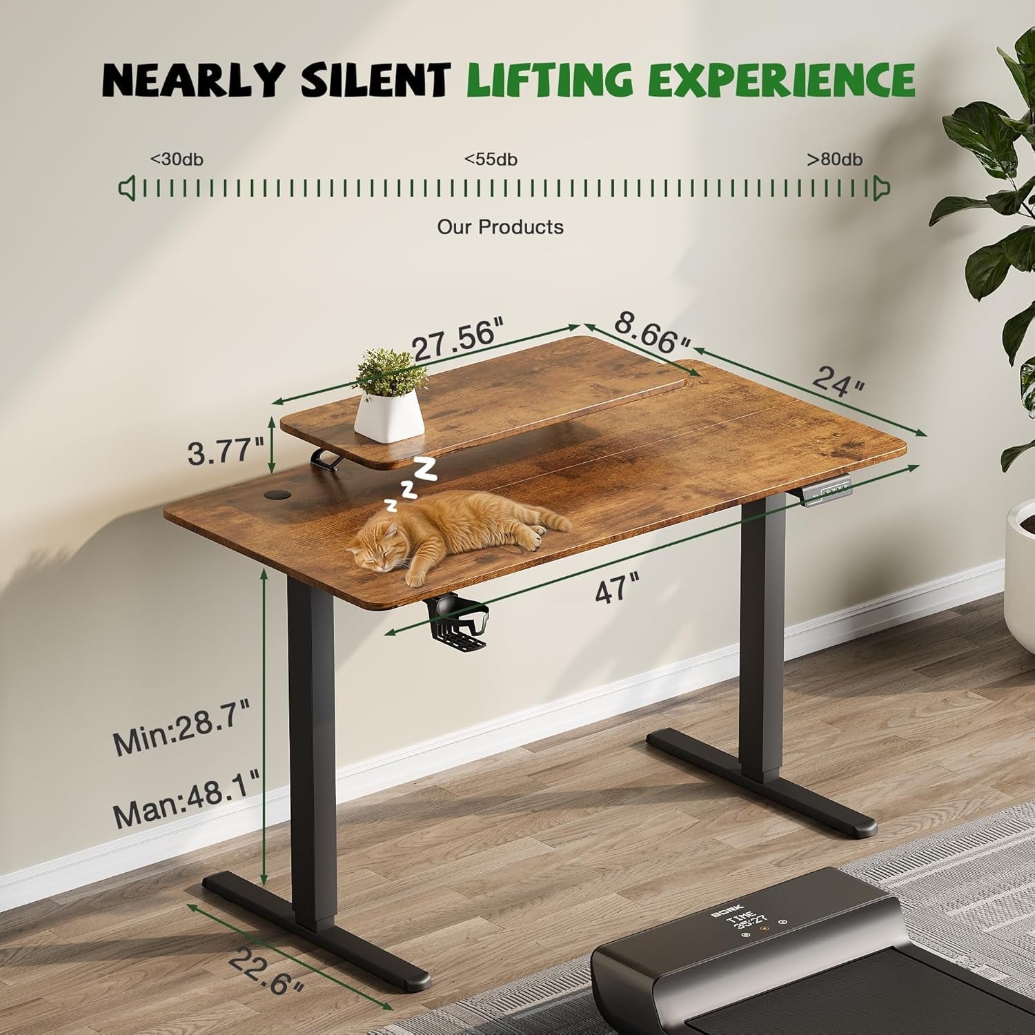 Electric Standing Desk with Monitor and Laptop Workstation, 47 X 24 Inches Height Adjustable Sit Stand up Desk, Computer Workstation with Cup Holder and Hook, Cable Holes, Rustic Brown-2