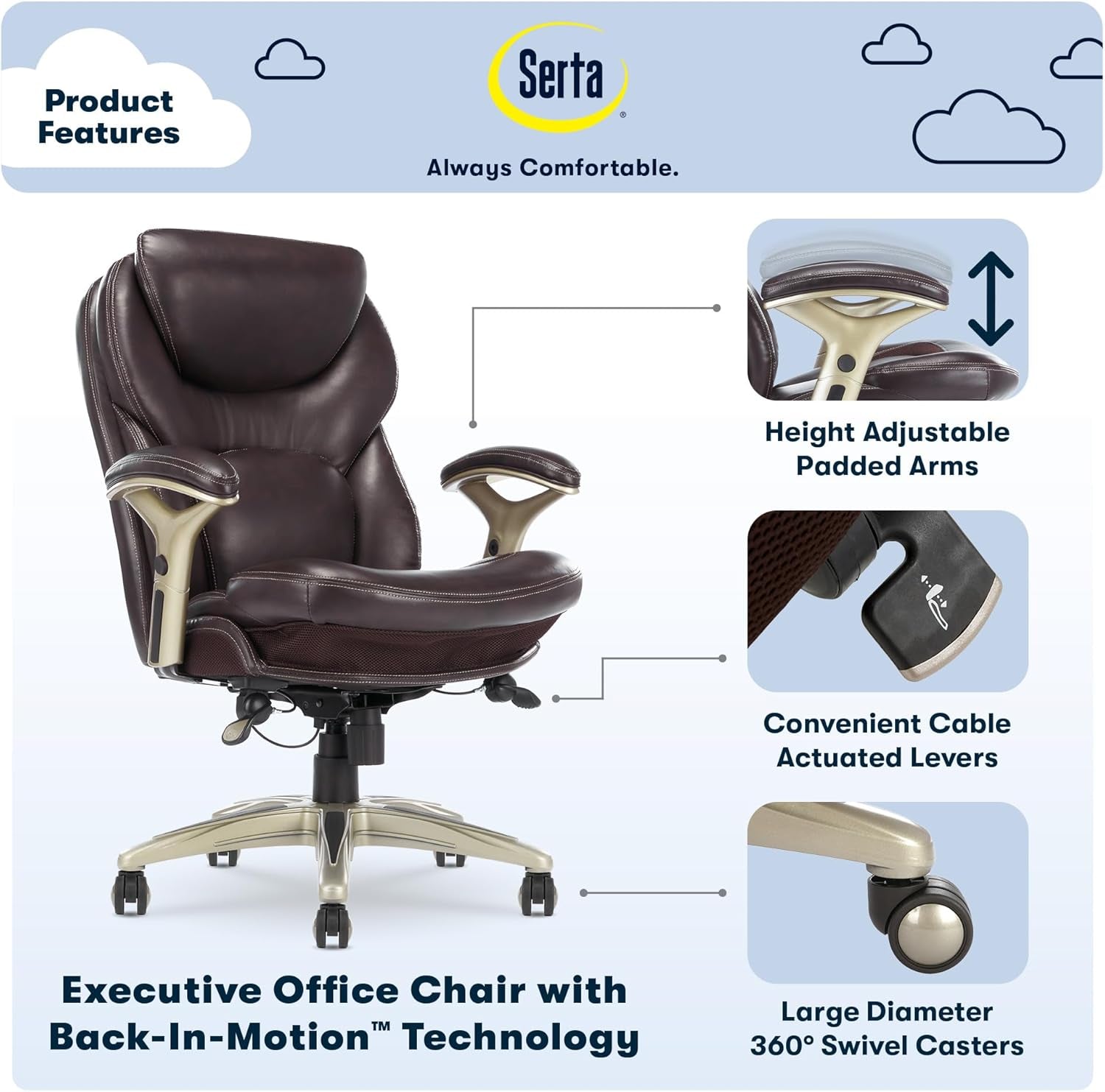 Claremont Ergonomic Executive Office Chair with Back in Motion Technology, Adjustable Mid Back Desk Chair with Lumbar Support, Bonded Leather, Chestnut Brown-3