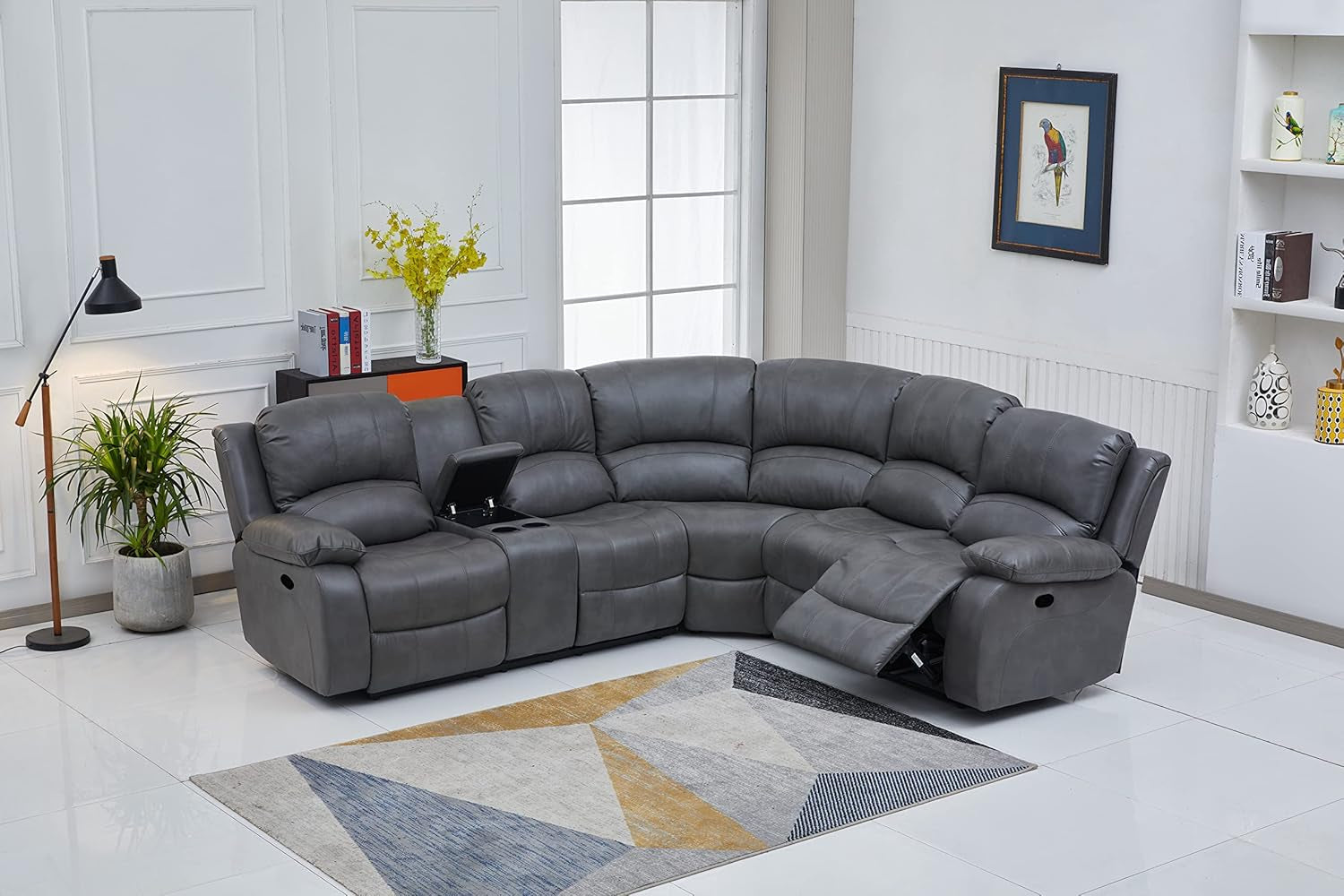 Bonded Leather Sectional Sofa 3 Recliners, Grey-2
