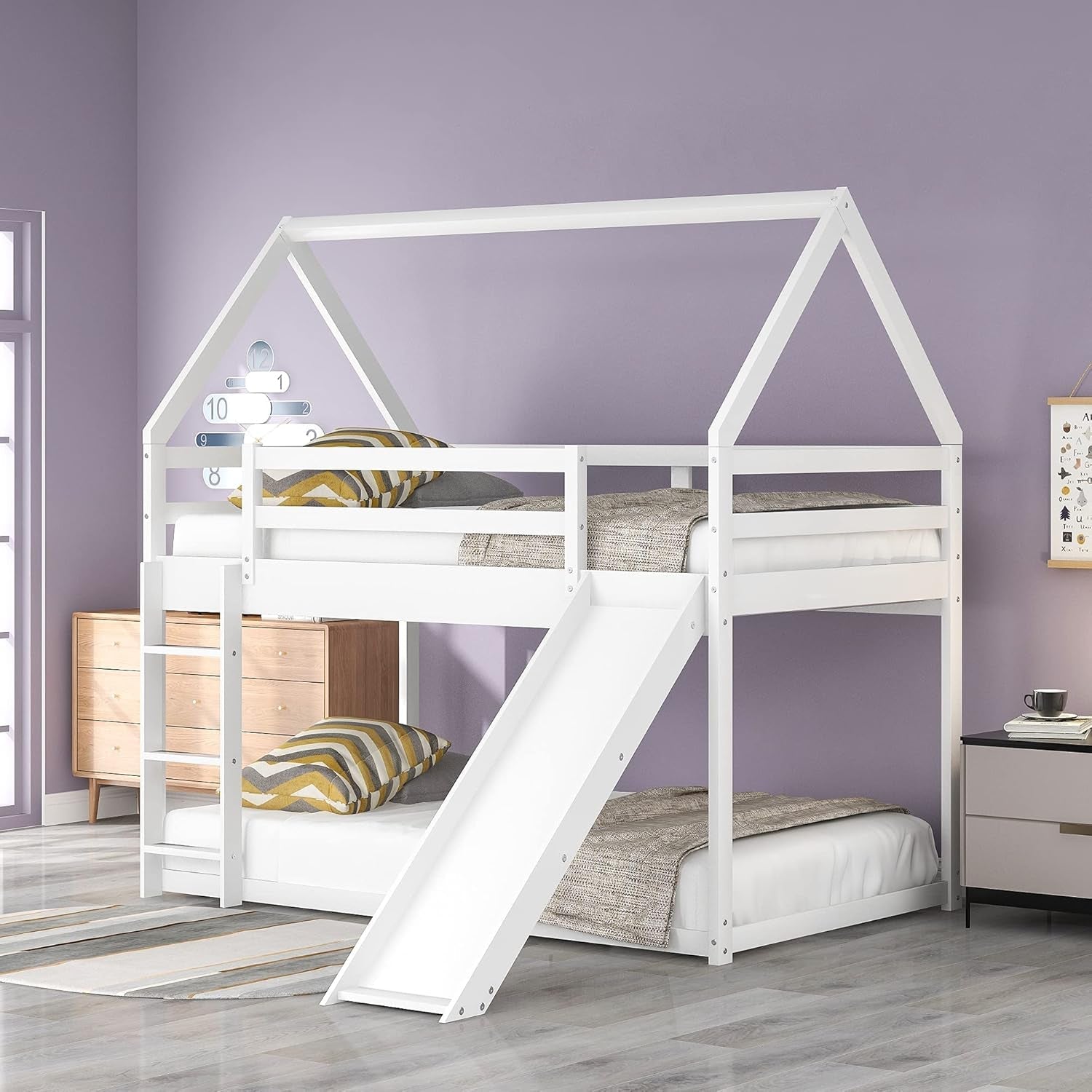 Twin over Twin Low Bunk Bed with Slide, Solid Wood House Bunk Bed for Kids Girls Boys (White)-0