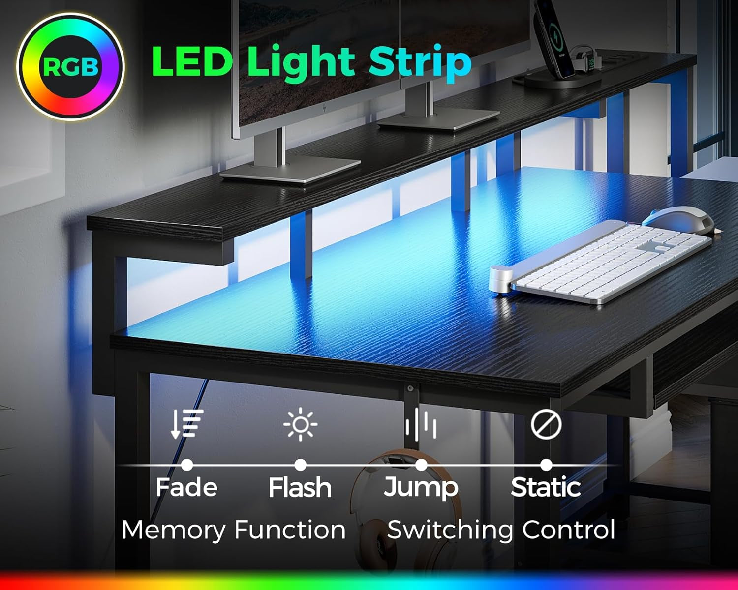 48-Inch Gaming Desk with Power Outlets & LED Light, Reversible PC Desk with Fabric Drawer and File Cabinet, Computer Desk with Keyboard Tray, Table with Full Monitor Riser and PC Stand, Black-3