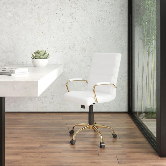 Whitney Mid-Back Swivel Leathersoft Desk Chair with Padded Seat and Armrests, Adjustable Height Padded Office Chair, White/Gold-1