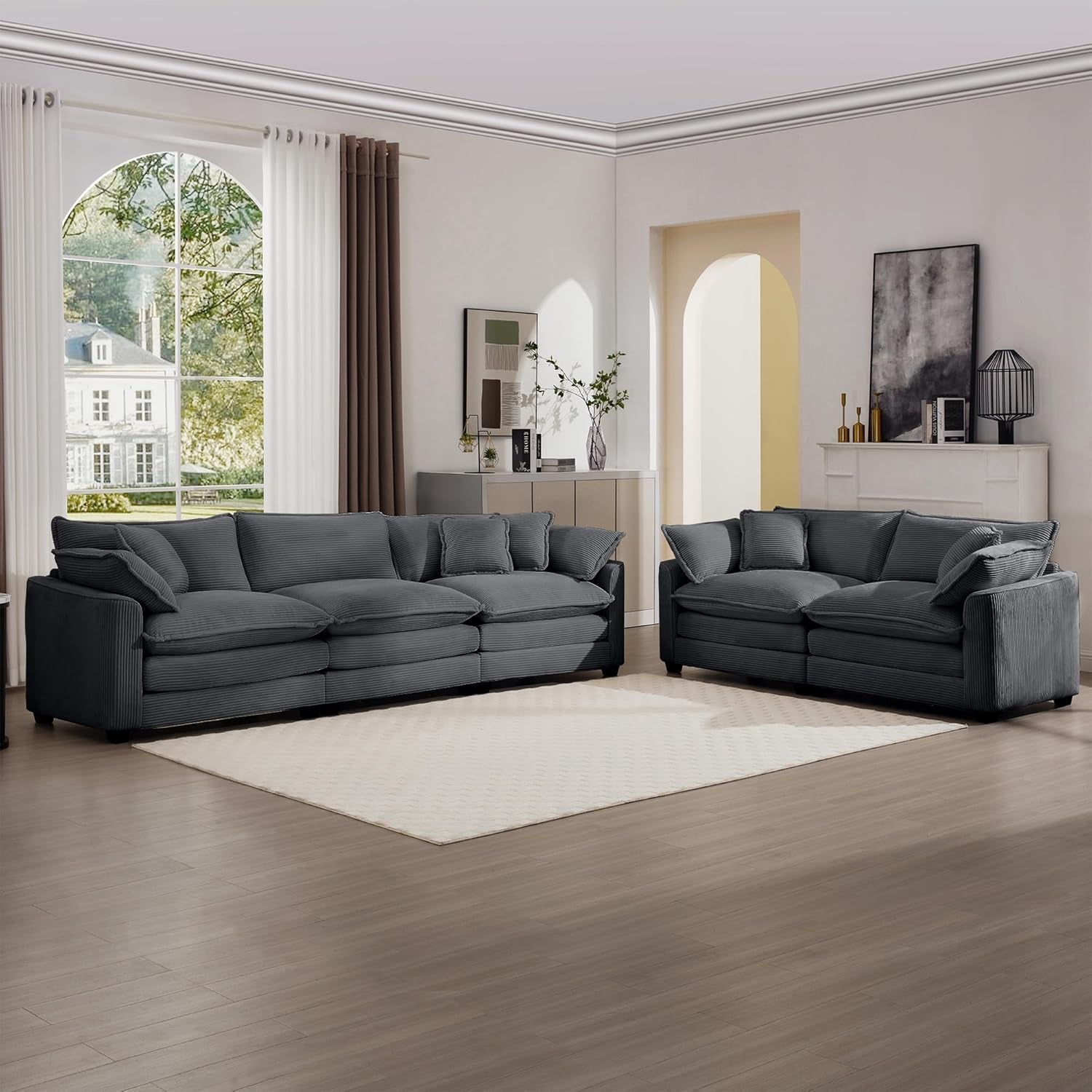 Oversized 2 Piece Sofa Set for Living Room, 3-Seater & Loveseat Couch, Modular Sectional Deep Seat Corduroy Comfy Cloud Couches with 4 Armrest Pillows and 5 Toss Pillows, Grey-2