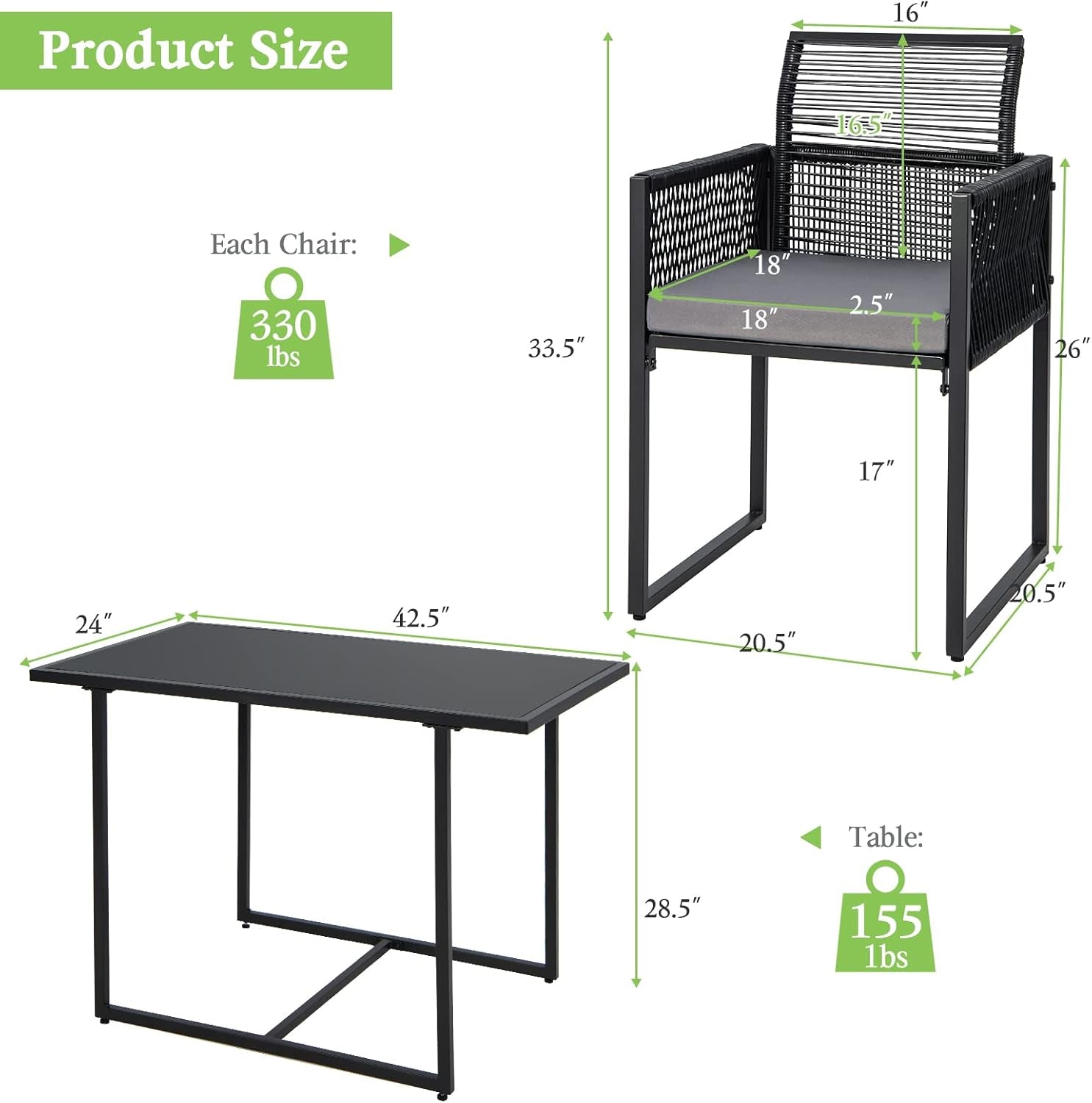 3 Pieces Outdoor Dining Set, Patio PE Rattan Furniture Set with Folding Backrest, Cozy Seat Cushions, Tempered Glass Tabletop, Space-Saving Rattan Chair Table Set for Backyard, Poolside-3
