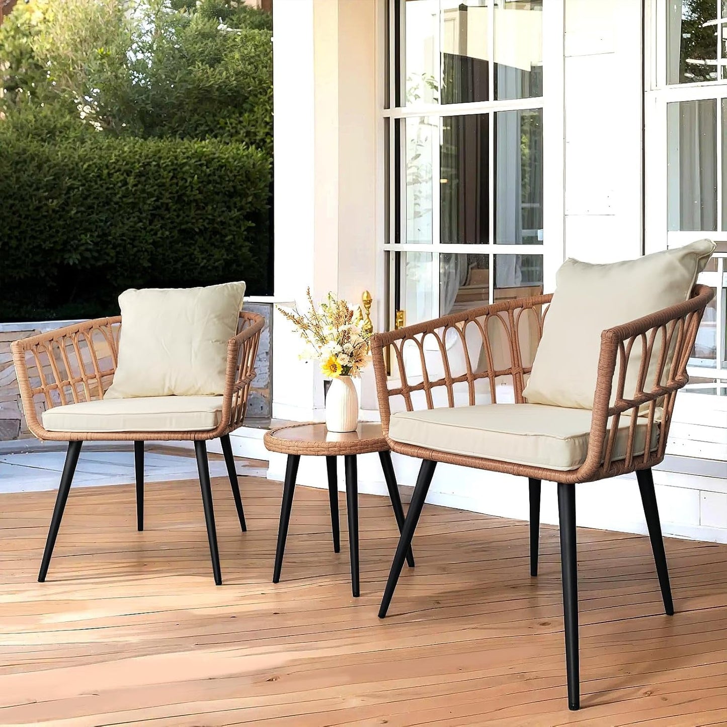 3 Piece Patio Wicker Bistro Set, All-Weather Outdoor Balcony Furniture Set with Tempered Glass Table and Cushioned Chairs for Balcony, Porch, or Backyard, Beige-4