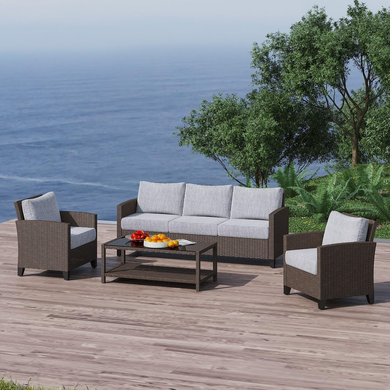 Outdoor Patio Furniture Set, 4 Piece Outdoor Rattan Sofa Set, All Weather Wicker Conversation Set with Coffee Table for Porch Backyard Garden, Grey-0