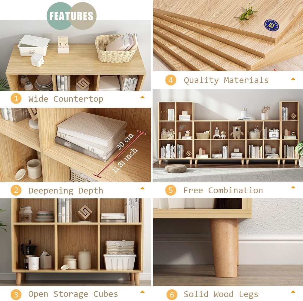 Open Cube Low Bookcase - 3-Tier Freestanding Storage Display Cabinet Organizer with Legs for Home Office, 11-Cubes Open Shelf Short Bookshelf, Oak-4