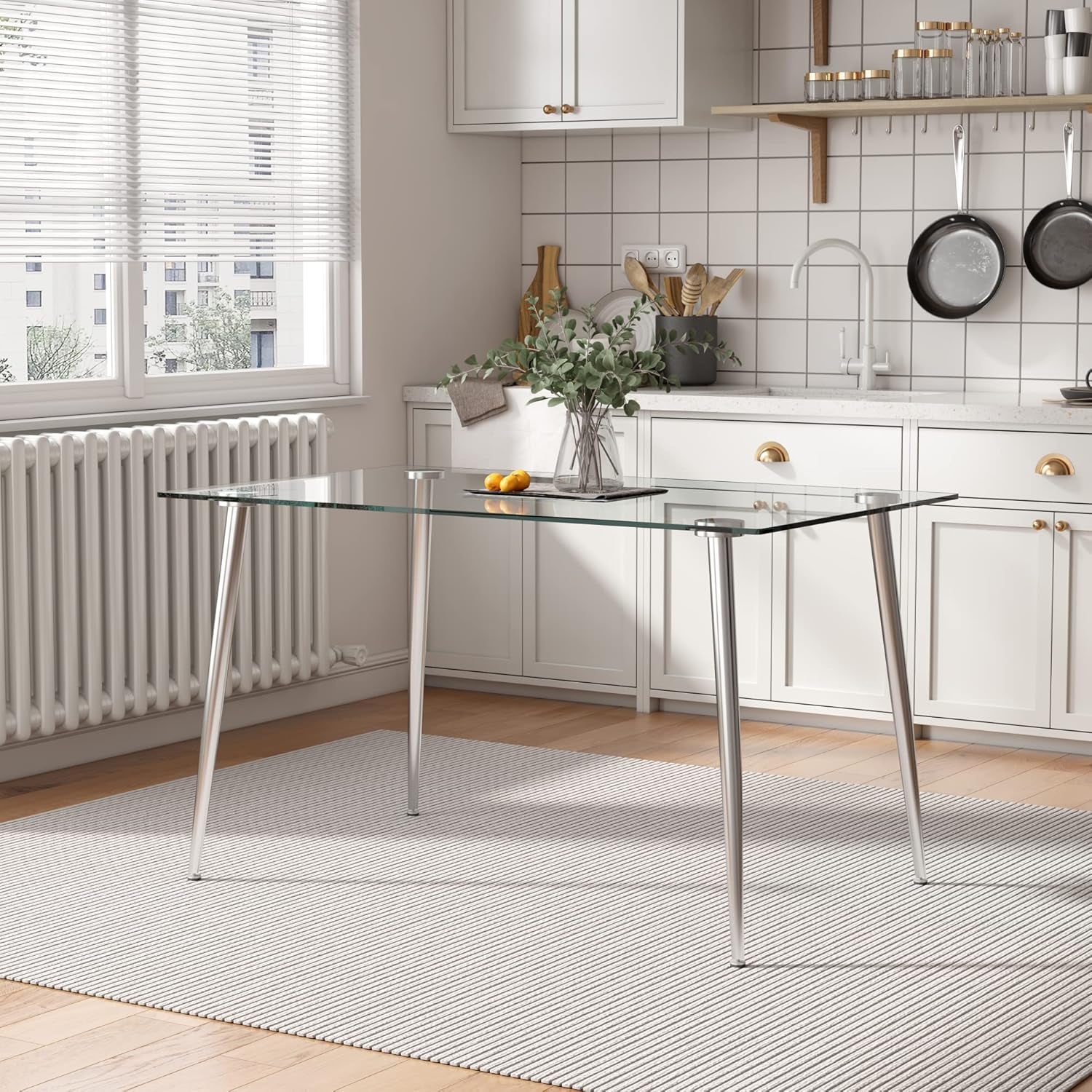 Glass Dining Table for 4 with 51 Inch Clear Rectangular Glass Top, 0.31" Modern Tempered Glass Kitchen Table Furniture with 4 Silver Plating Metal Legs for Home Dining Room-2