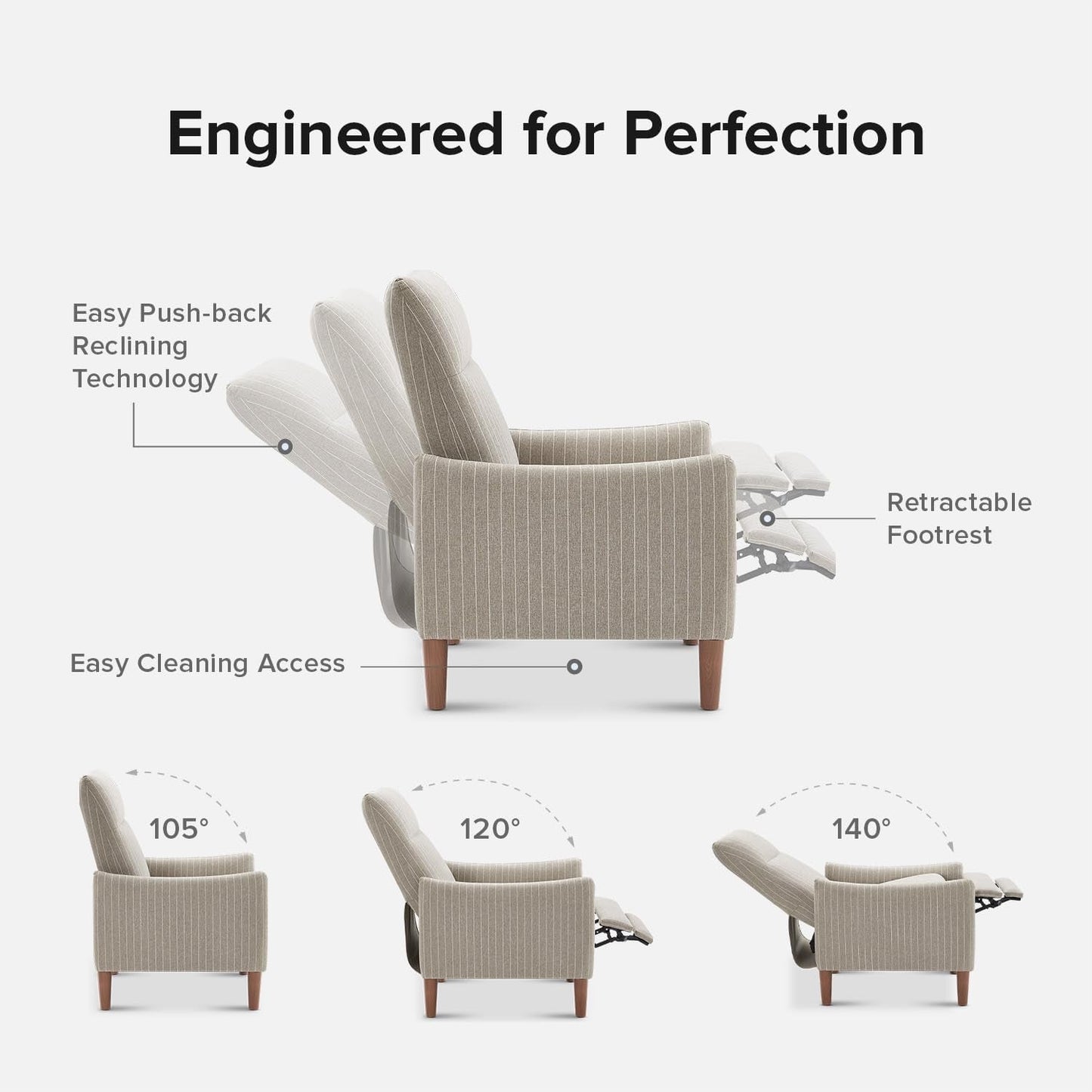 Arthur Recliner Chair with 3 Positions, Accent Chair, Mid Century Modern Reading Chair, High Back Padded Support Comfy Sleeper Armchair (Jacquard Taupe Stripe)-2