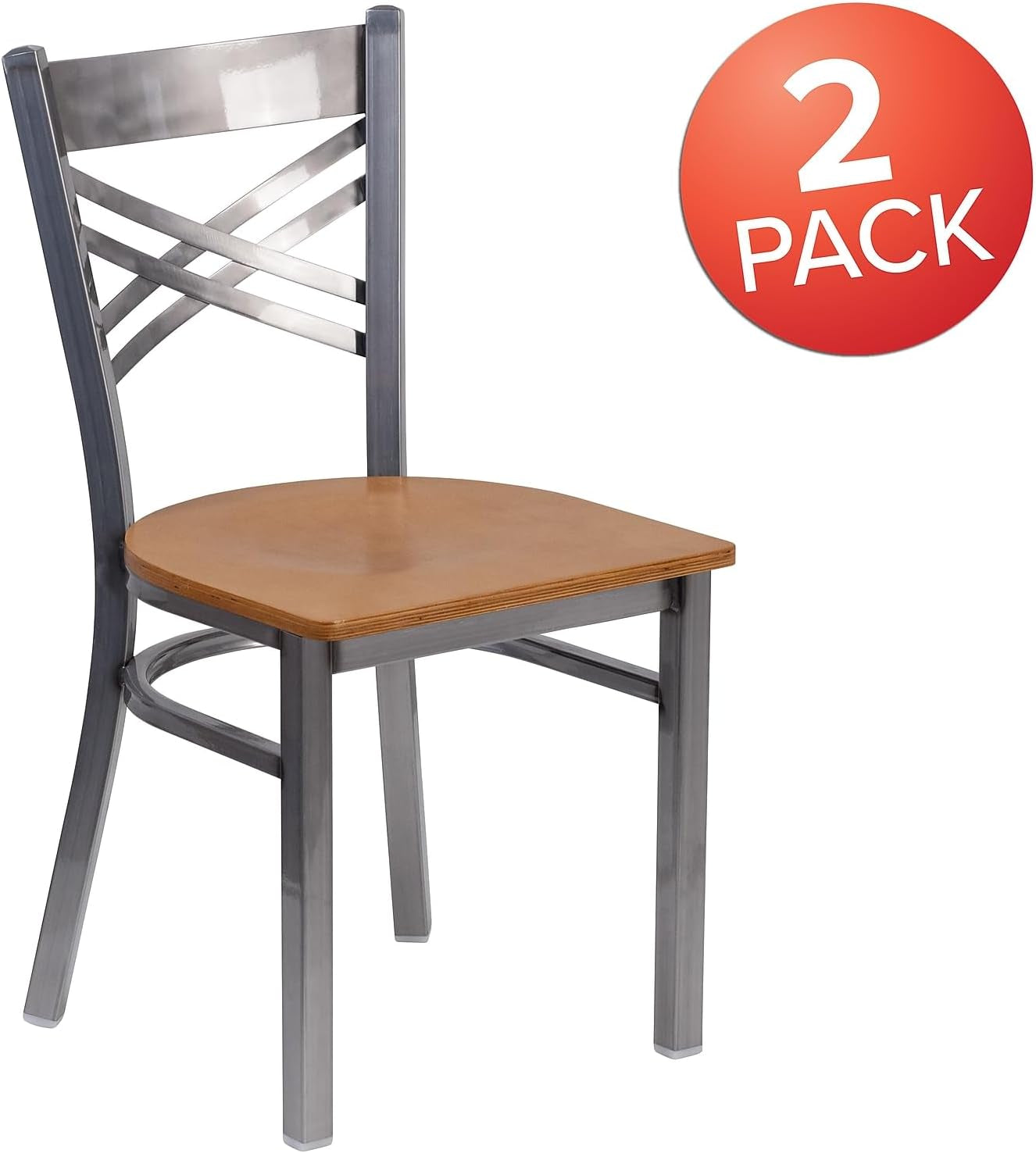2 Pk. HERCULES Series Clear Coated ''X'' Back Metal Restaurant Chair - Natural Wood Seat-3