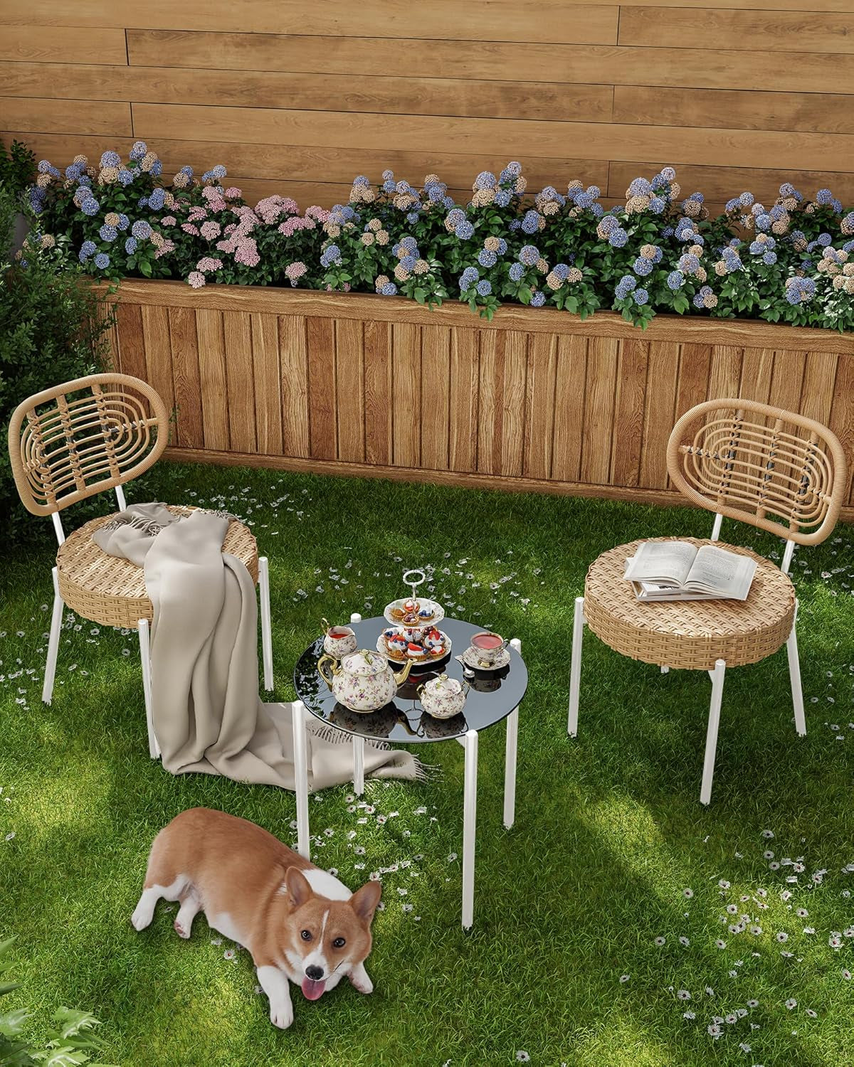 3 Pieces Patio Set, Outdoor Wicker Bistro Set All-Weather Rattan Deck Conversation Set of 3 with Table & Cushions for Deck, Patio, Balcony, Backyard, Brown & White-2
