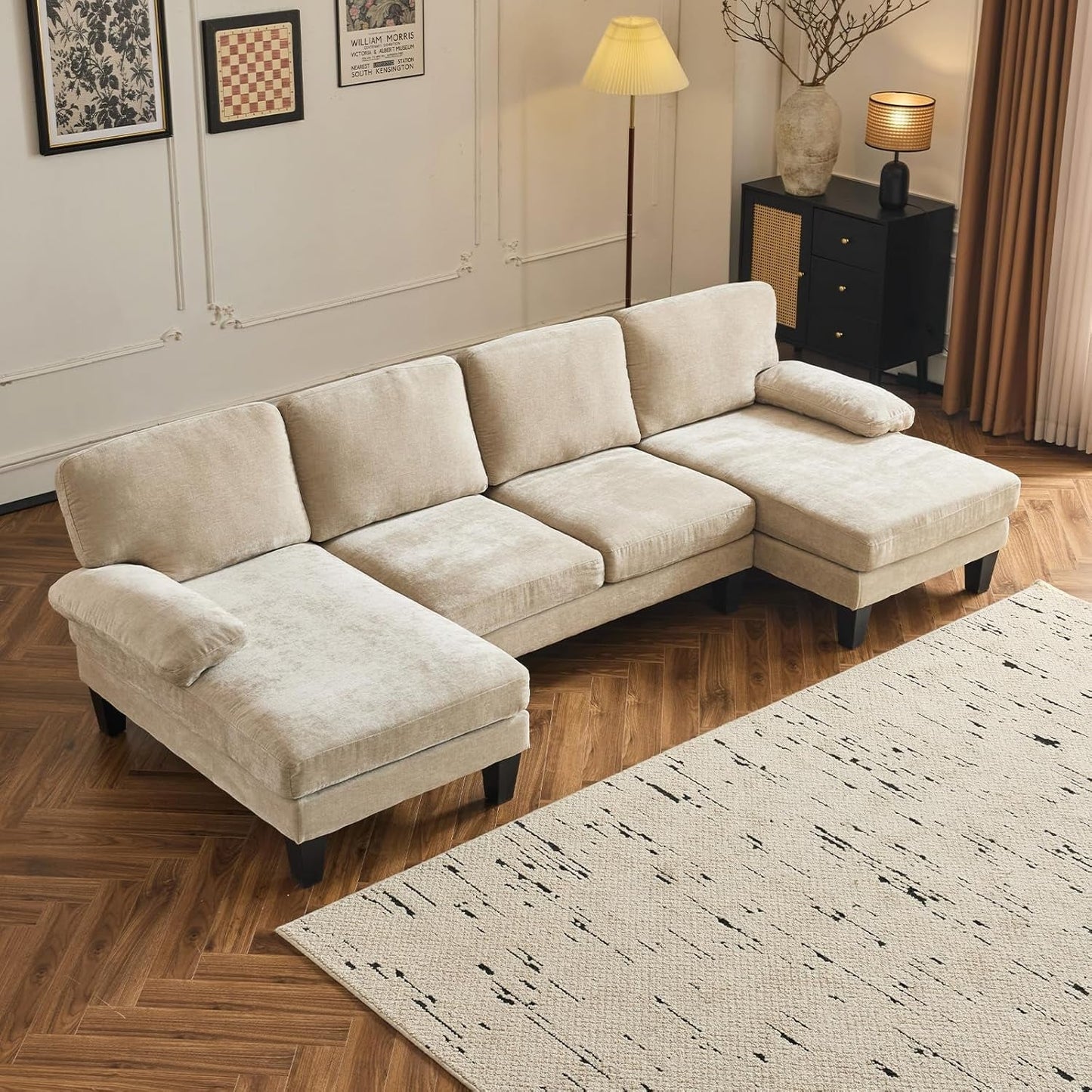 Light Khaki 110" U-Shape Sectional Couch Double Chaise-0