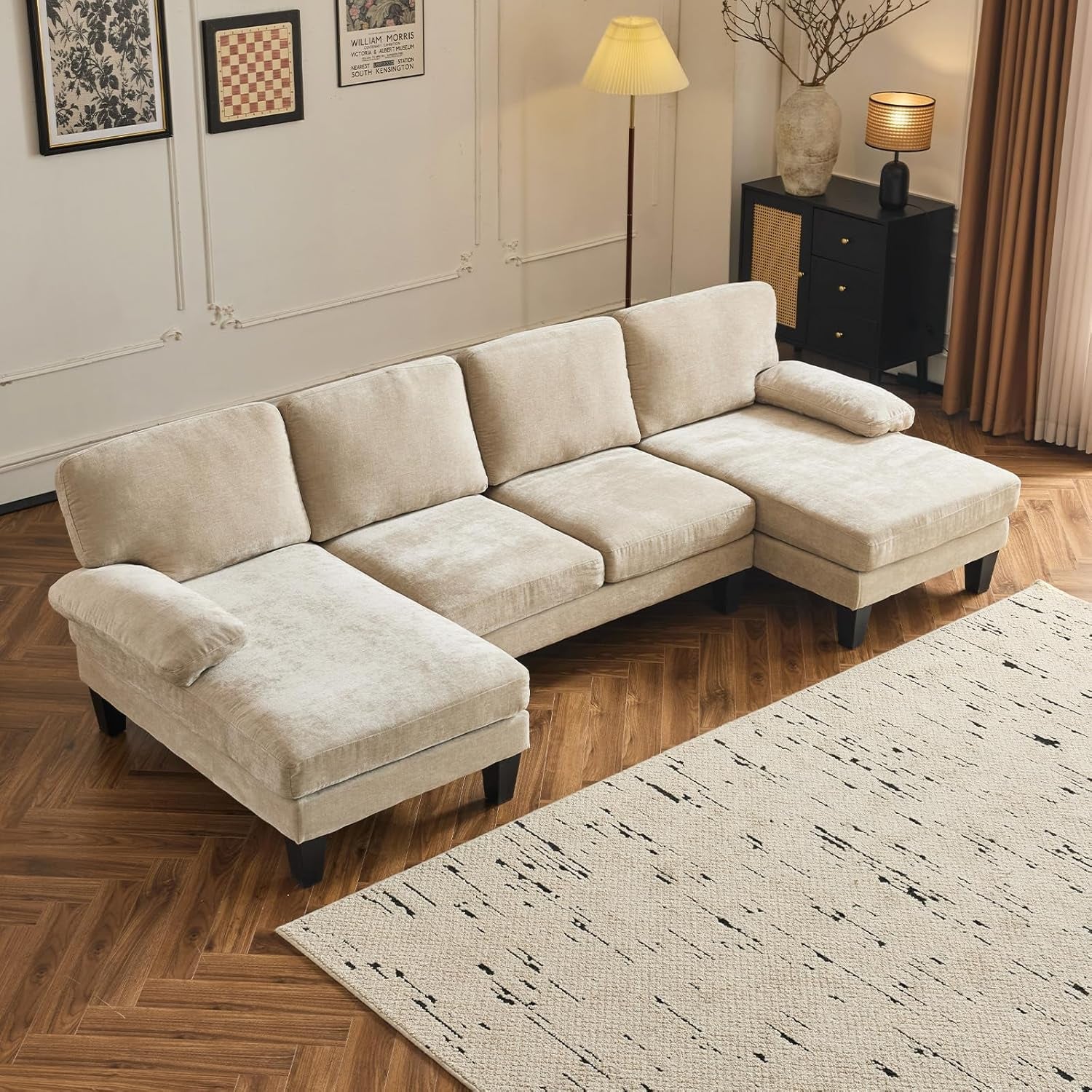 Light Khaki 110" U-Shape Sectional Couch Double Chaise-0