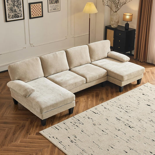 Light Khaki 110" U-Shape Sectional Couch Double Chaise-0
