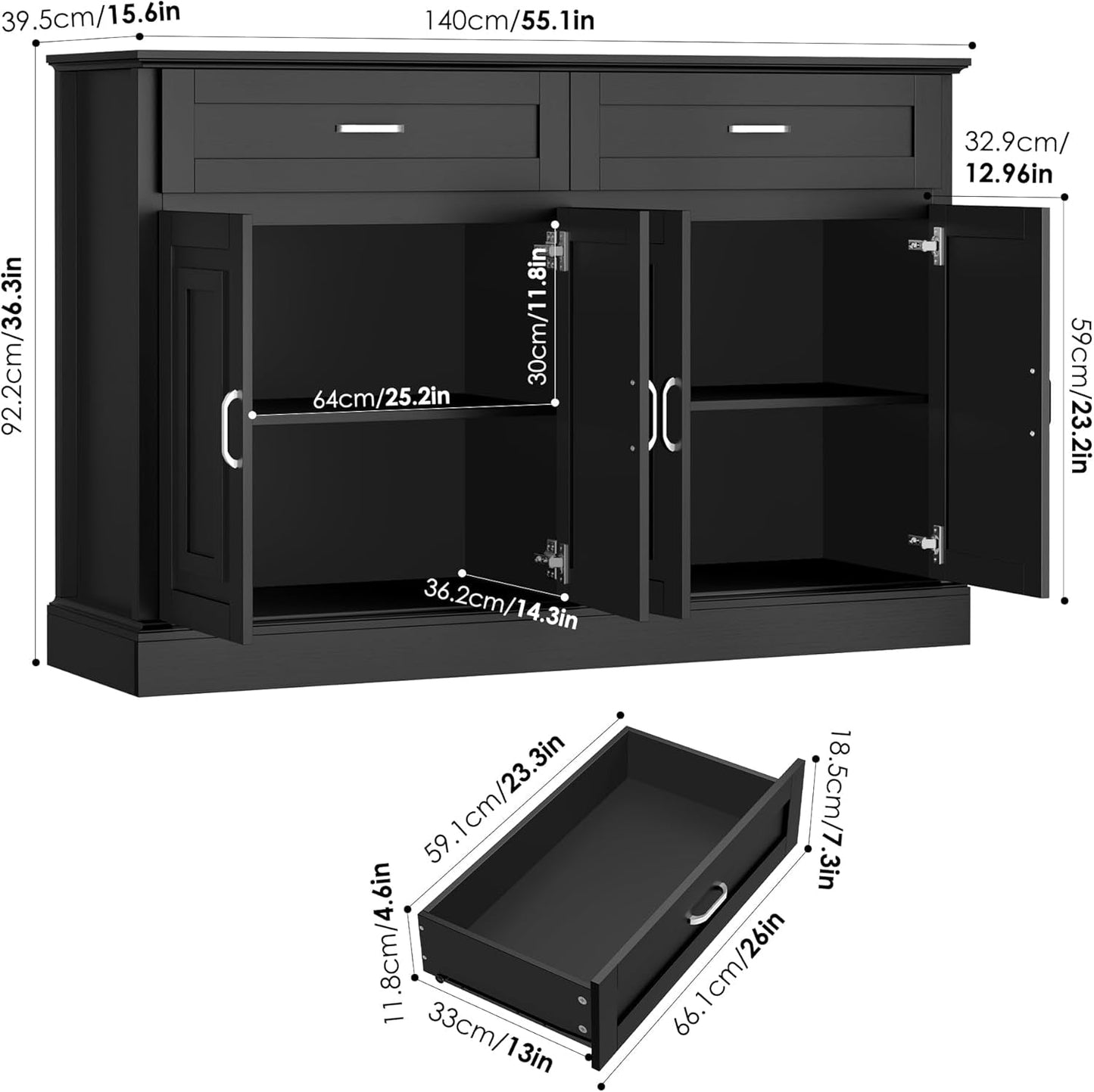 Sideboard Buffet Cabinet with Storage, 55.1" Large Kitchen Storage Cabinet with 2 Drawers and 4 Doors, Farmhouse Coffee Bar Display Cabinet for Kitchen Dining Room, White-1