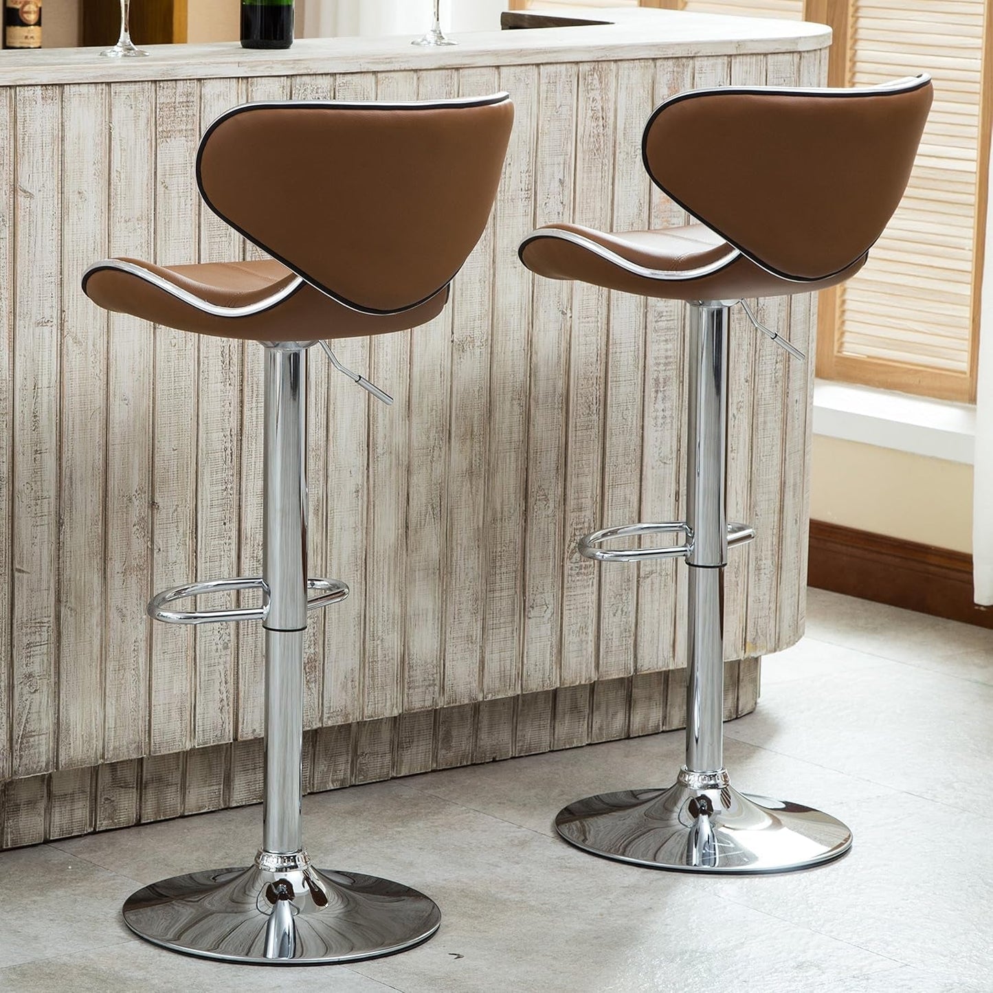 Masaccio Cushioned Leatherette Upholstery Airlift Adjustable Swivel Barstool with Chrome Base, Set of 2, Caramel-1