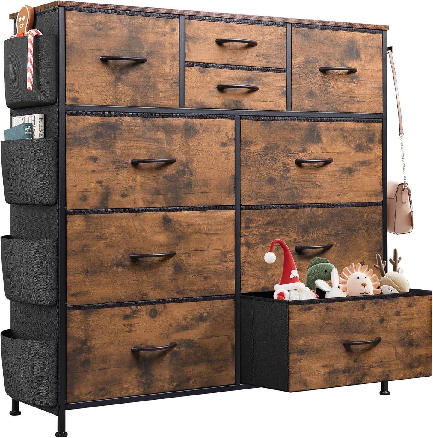 Dresser for Bedroom with 10 Drawers, Fabric Dresser Chest of Drawers with Side Pockets and Hooks, Sturdy Metal Frame, Drawers Organizer Unit for Room, Hallway, Rustic Brown Wood Grain Print-0
