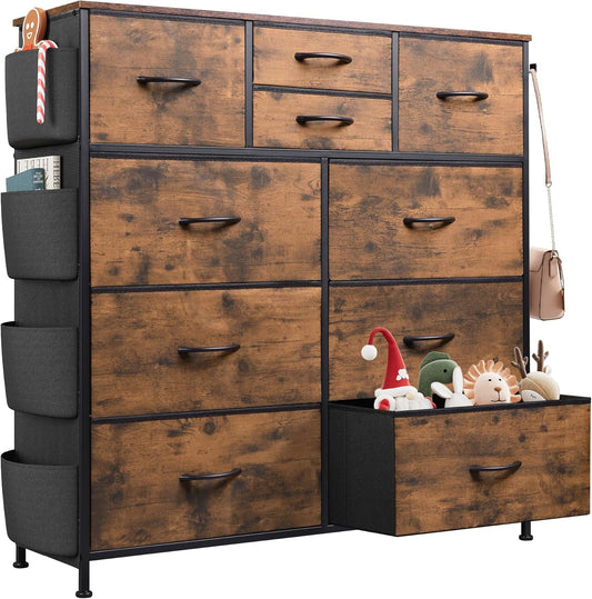 Dresser for Bedroom with 10 Drawers, Fabric Dresser Chest of Drawers with Side Pockets and Hooks, Sturdy Metal Frame, Drawers Organizer Unit for Room, Hallway, Rustic Brown Wood Grain Print-0