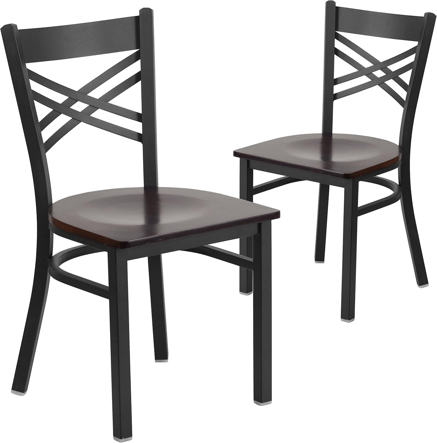 2 Pack HERCULES Series Black ''X'' Back Metal Restaurant Chair - Walnut Wood Seat-0