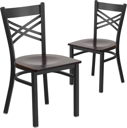 2 Pack HERCULES Series Black ''X'' Back Metal Restaurant Chair - Walnut Wood Seat-0