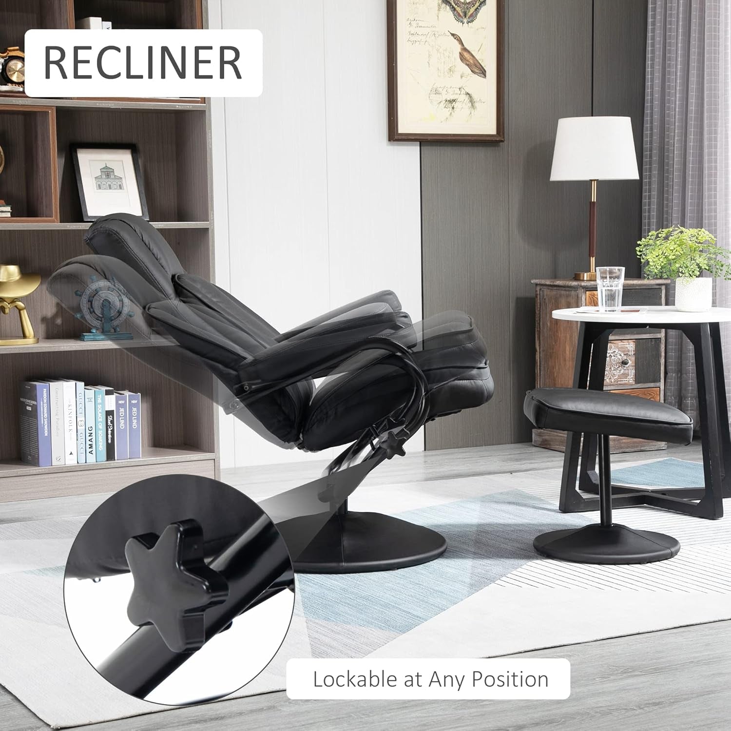 Swivel Recliner, Manual PU Leather Armchair with Ottoman Footrest for Living Room, Office, Bedroom, Black-3