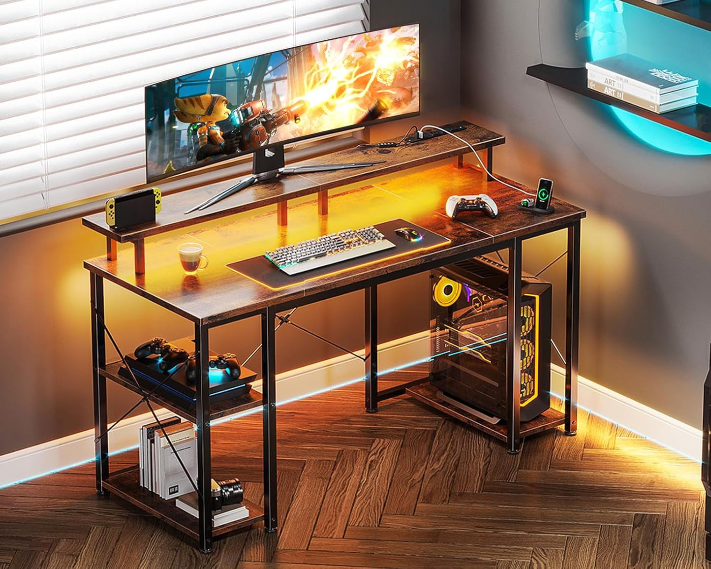 48 Inch Gaming Desk with LED Lights & Power Outlets, Computer Desk with Monitor Stand & Storage Sheves, CPU Stand, Home Office Desk, Vintage-1