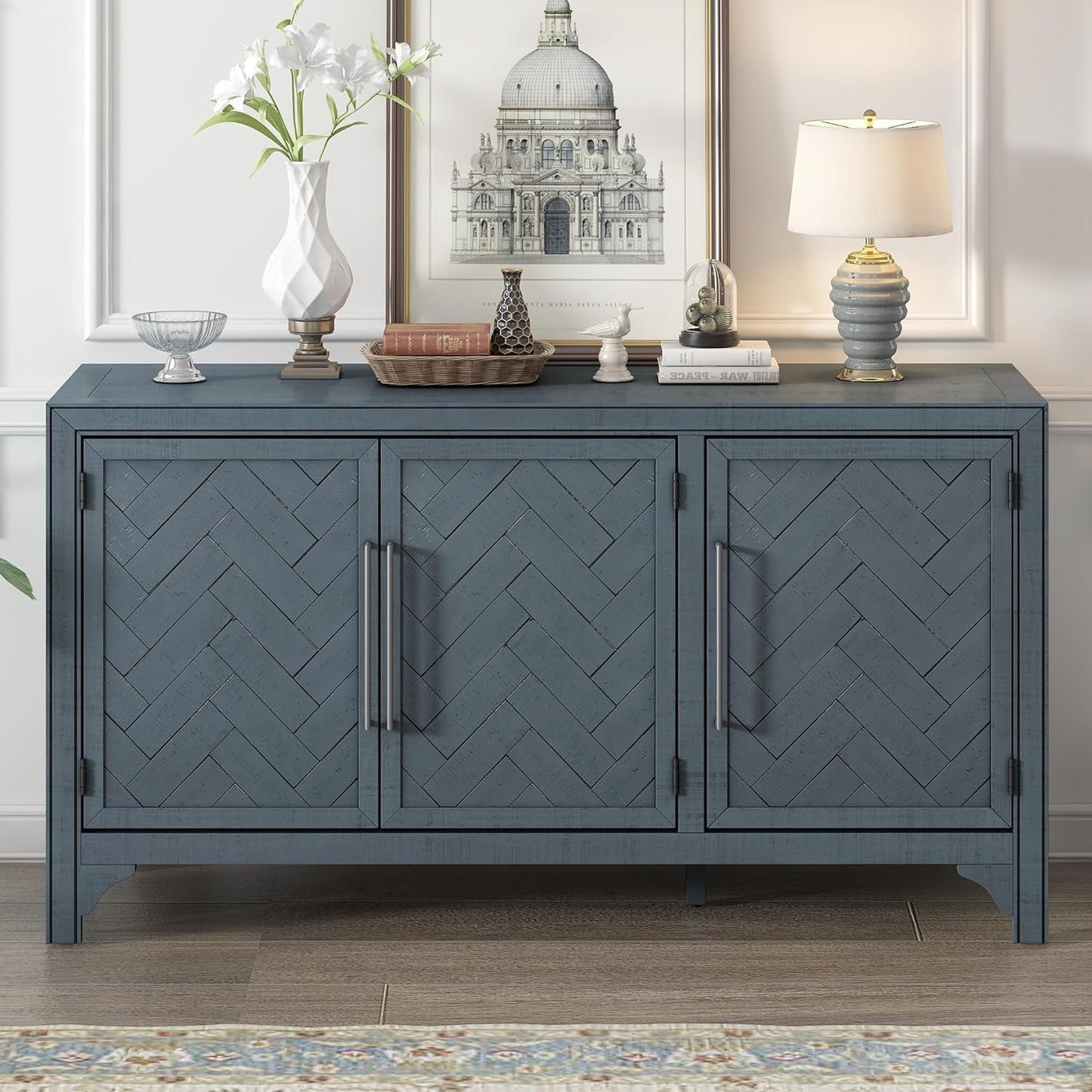 Modern Rustic Wood Buffet Sideboard with Metal Handles, 3 Doors Coffee Bar Cabinet TV Stand for Bedroom Living Room Dinning Room Kitchen Navy Blue-0