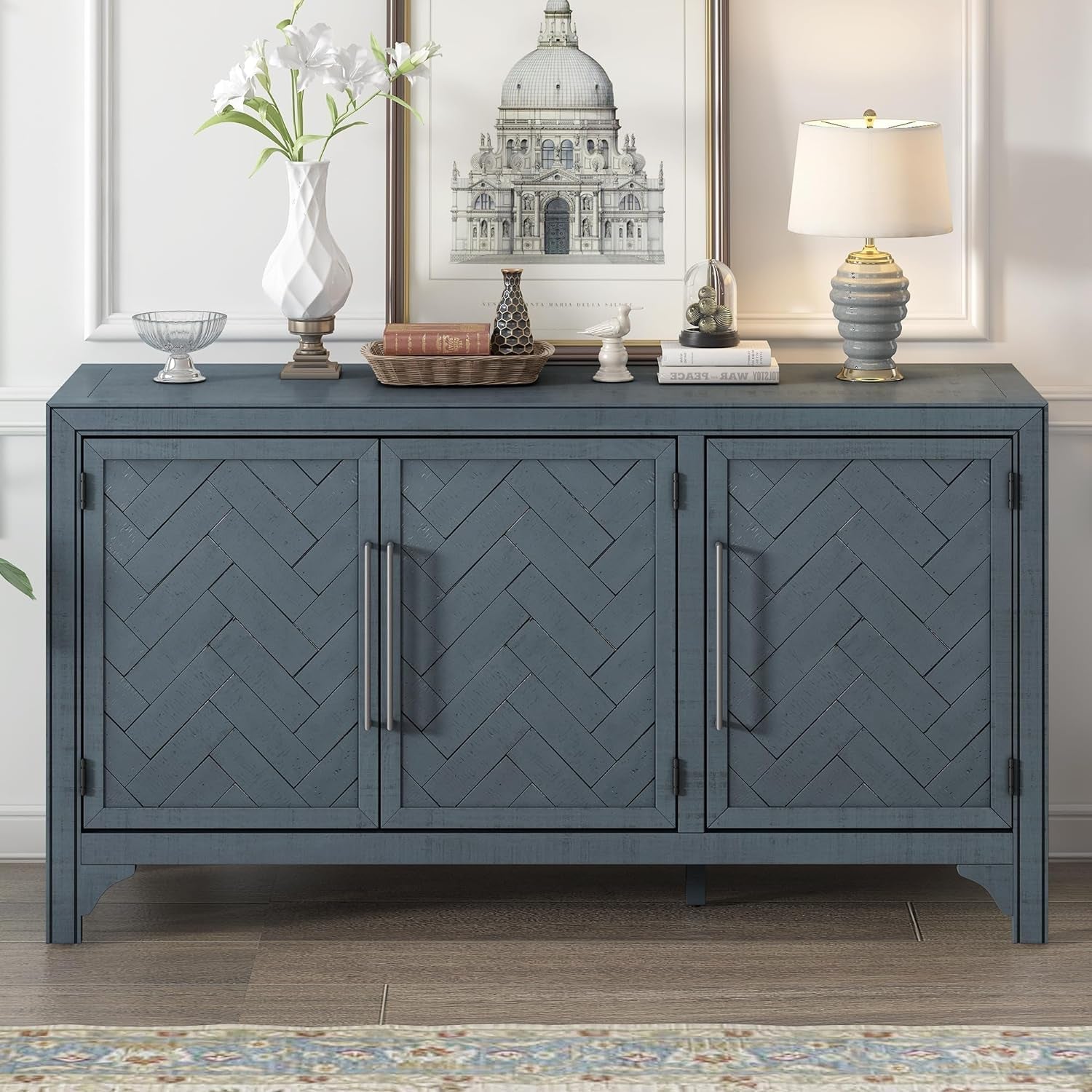 Modern Rustic Wood Buffet Sideboard with Metal Handles, 3 Doors Coffee Bar Cabinet TV Stand for Bedroom Living Room Dinning Room Kitchen Navy Blue-0