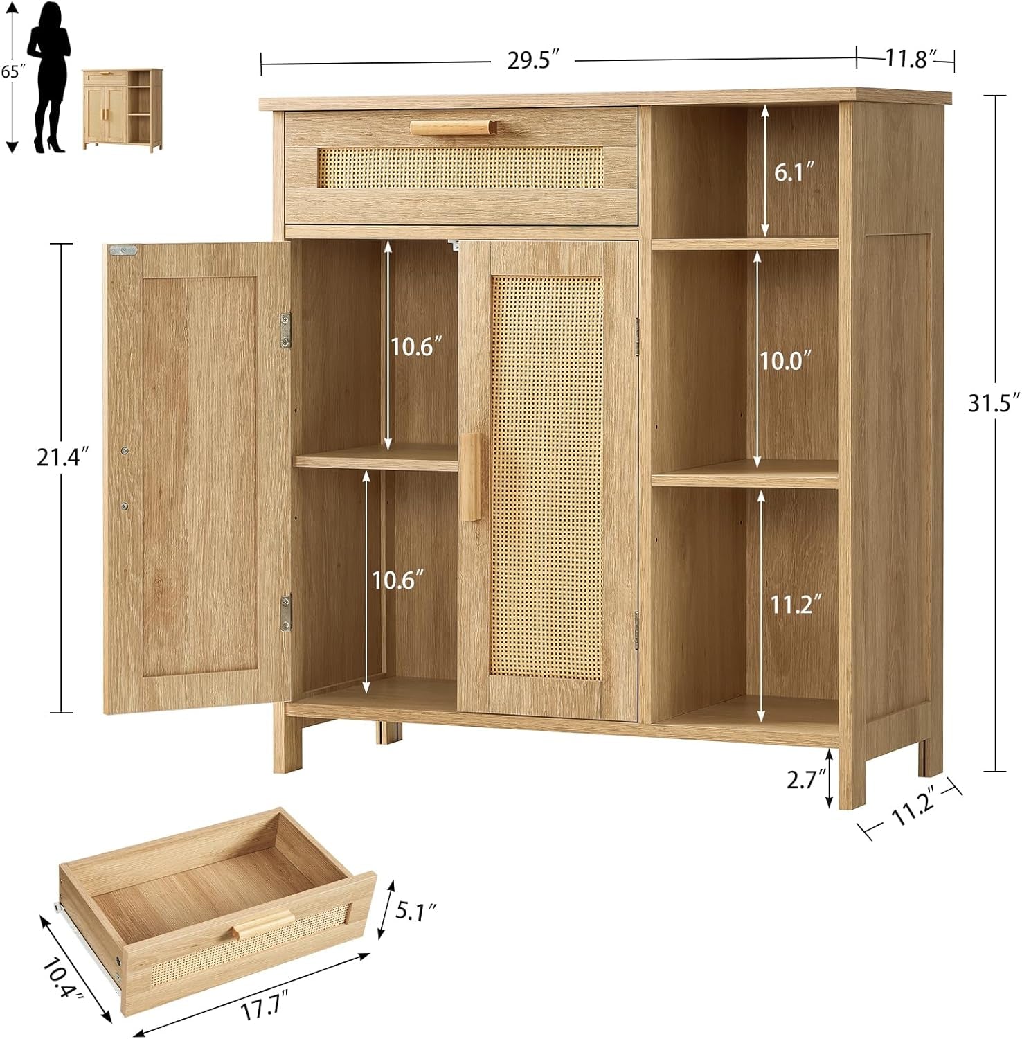 Natural Rattan Boho Storage Cabinet with Adjustable Shelves-2