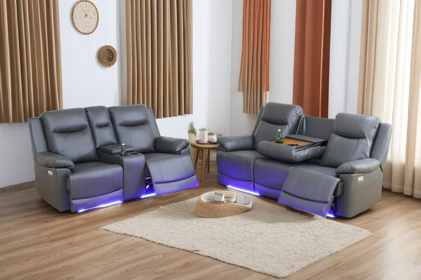 Power Leather Recliner Sofa Sets, 2 Pieces Living Room Furniture Sets with LED Lights, Grey Reclining Sofa Sets with USB Port for House/Office/Rv(B-Drak Grey, Sofa+Loveseat)-0