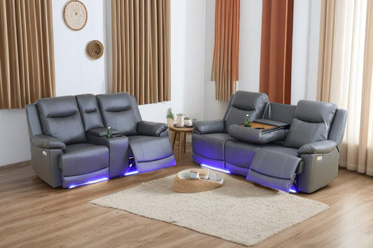 Power Leather Recliner Sofa Sets, 2 Pieces Living Room Furniture Sets with LED Lights, Grey Reclining Sofa Sets with USB Port for House/Office/Rv(B-Drak Grey, Sofa+Loveseat)-0