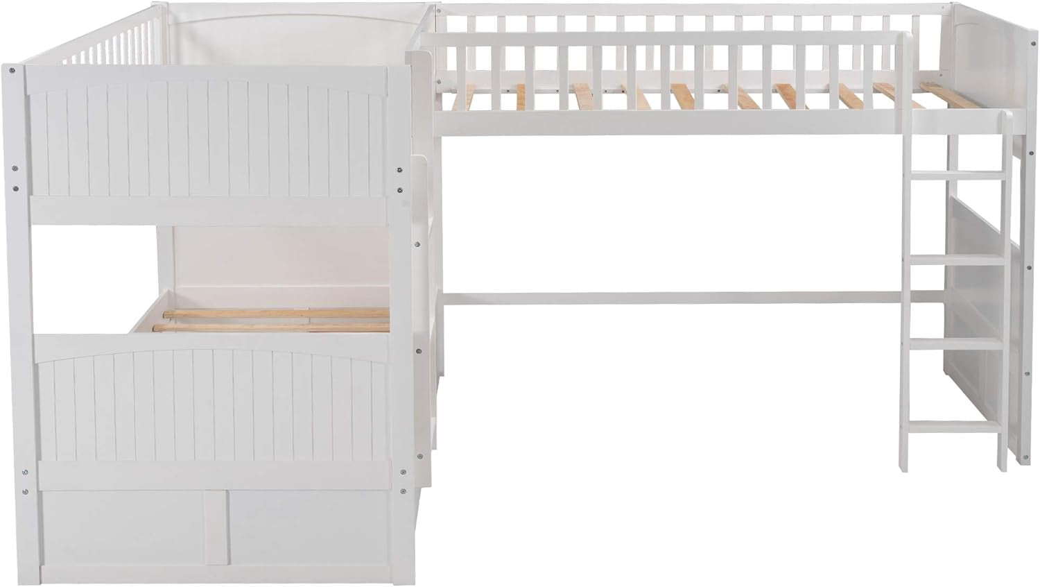 L Shaped Solid Wood Bunk Bed, Twin over Twin over Twin Bed with 2 Drawers and 2 Ladders, Twin Size Bunk Bed with a Loft Bed Attached, White-4