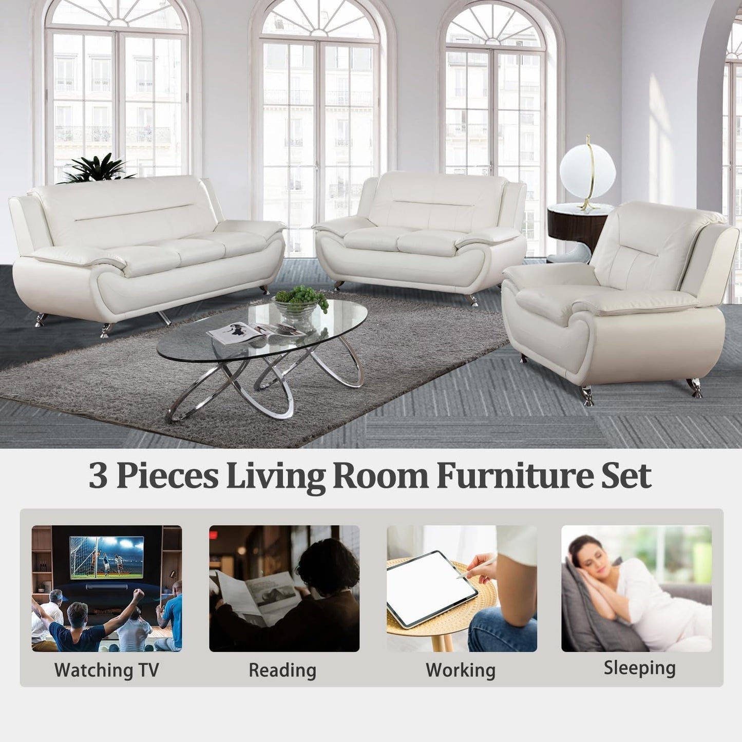 Living Room Furniture Set, Faux Leather Sofa Couch Set, 3 Pieces Modern Sofa Set for Living Room/Apartment/Office (White)-4