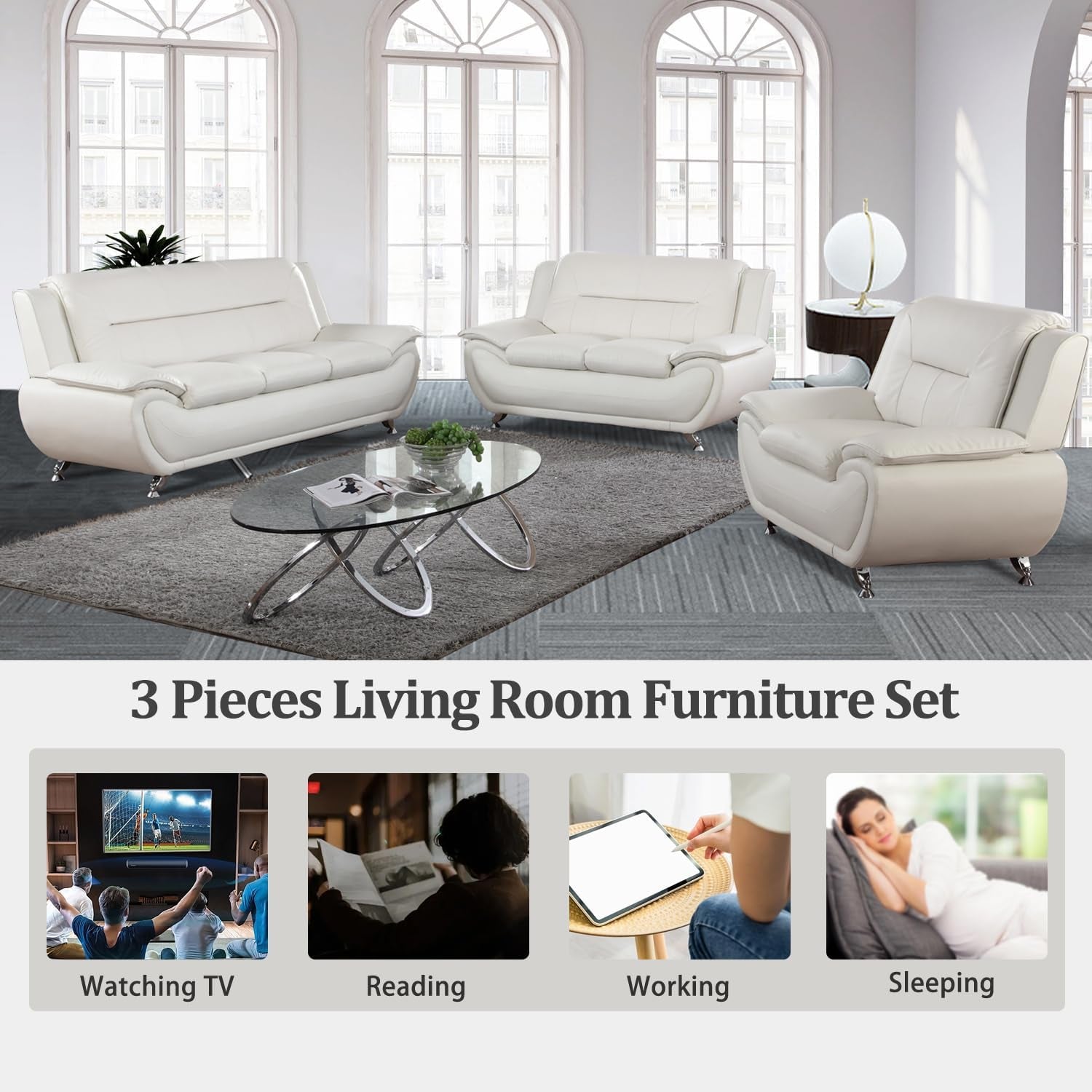 Living Room Furniture Set, Faux Leather Sofa Couch Set, 3 Pieces Modern Sofa Set for Living Room/Apartment/Office (White)-4