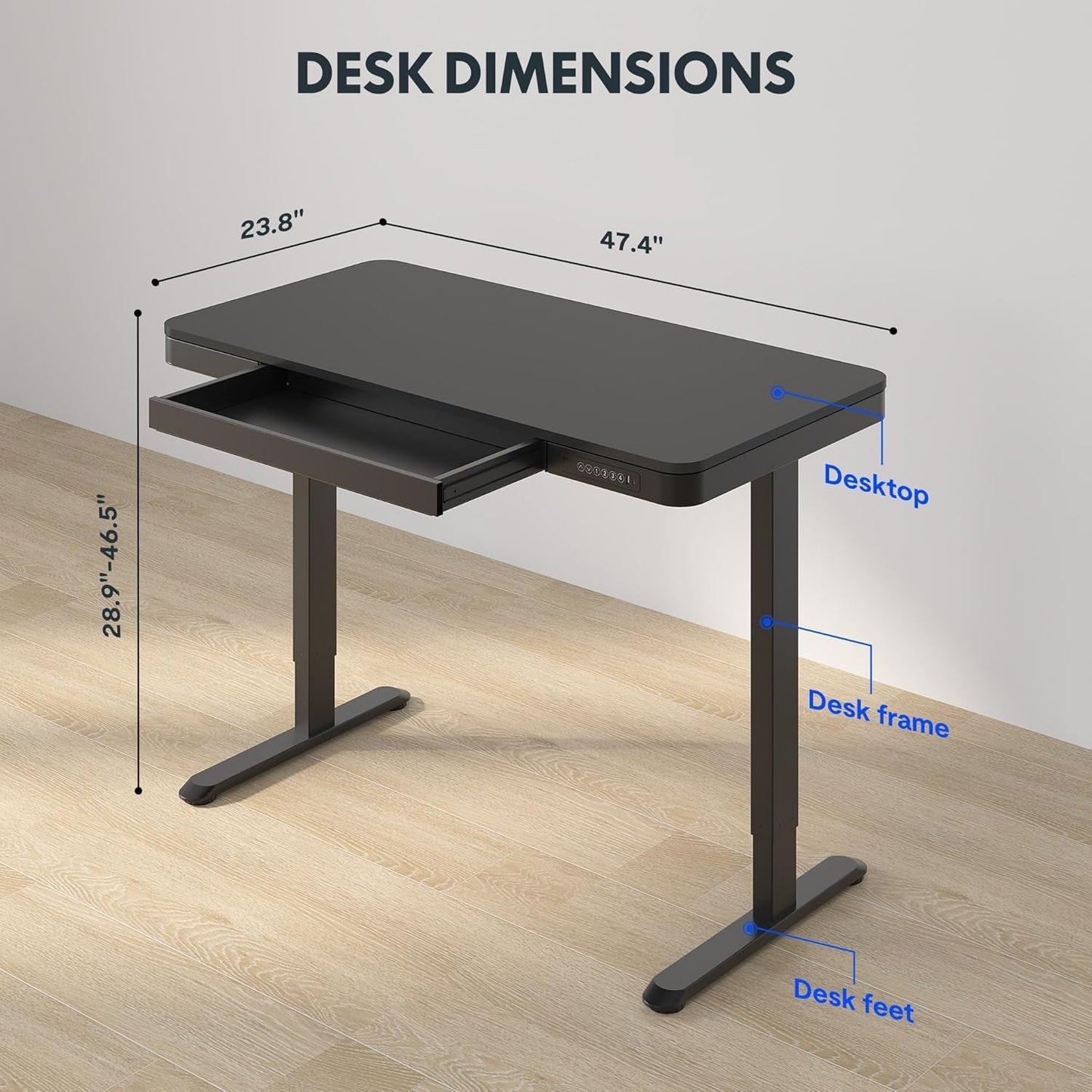 Comhar Electric Standing Desk with Drawer Desktop & Adjustable Frame Quick Install W/Usb Charge Ports (Black, Wood)-2