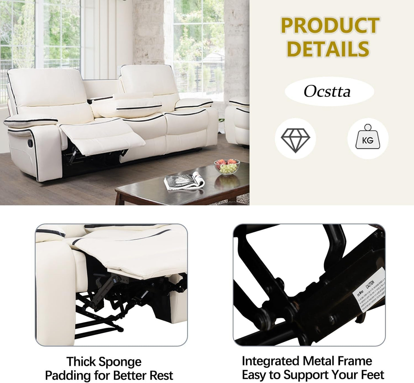 Leather Recliner Sofa Set, Leather Couch Set for Living Room, Living Room Furniture Set with Storage Console & Cup Holder for Living Room/Office (Recliner Couch Set) Creamy White-3