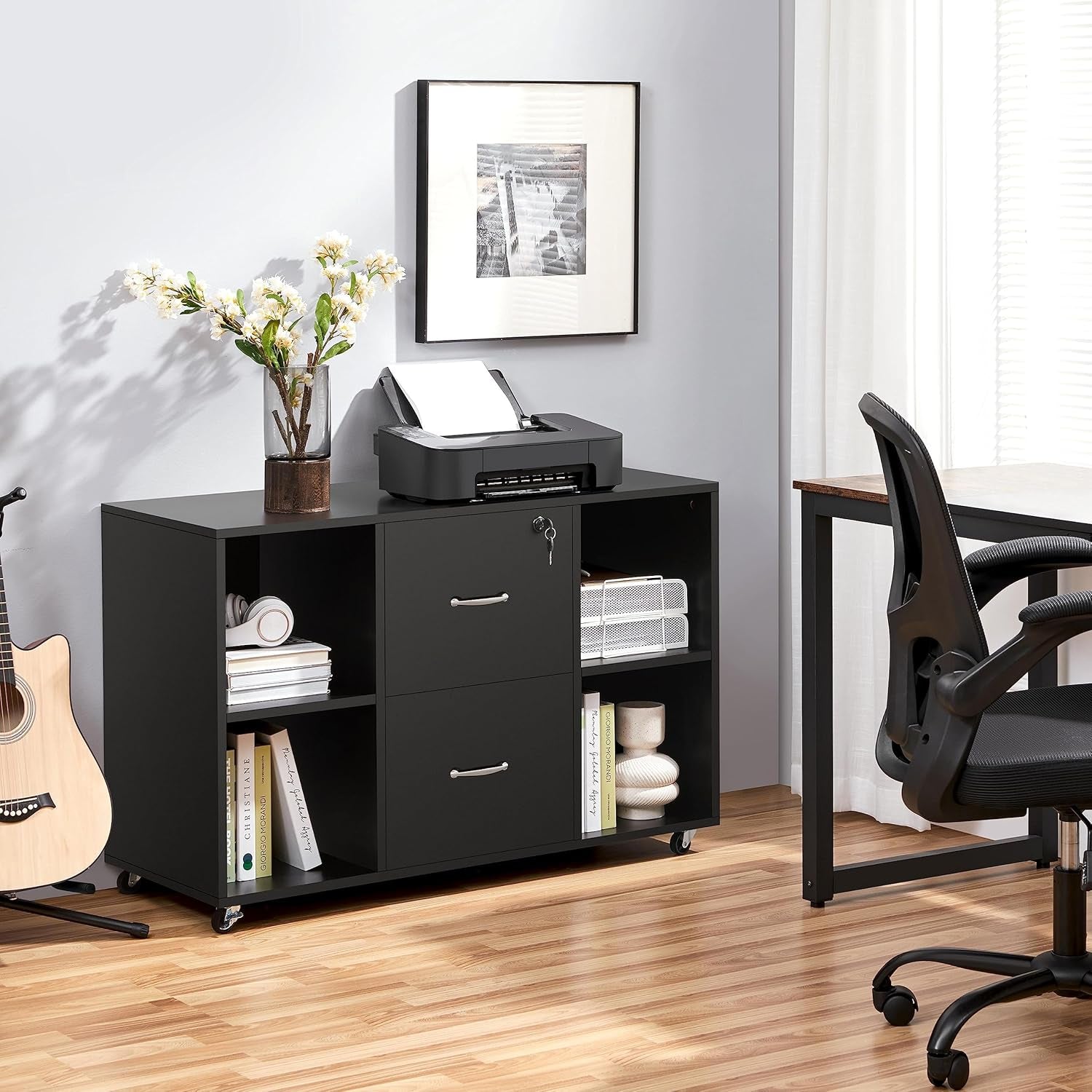 Black File Cabinet Large Mobile Storage Lateral Filing Cabinet with 2 Drawer and 4 Open Compartments,For Letter Size A4 Size, Printer Stand for Home Office, Black-1