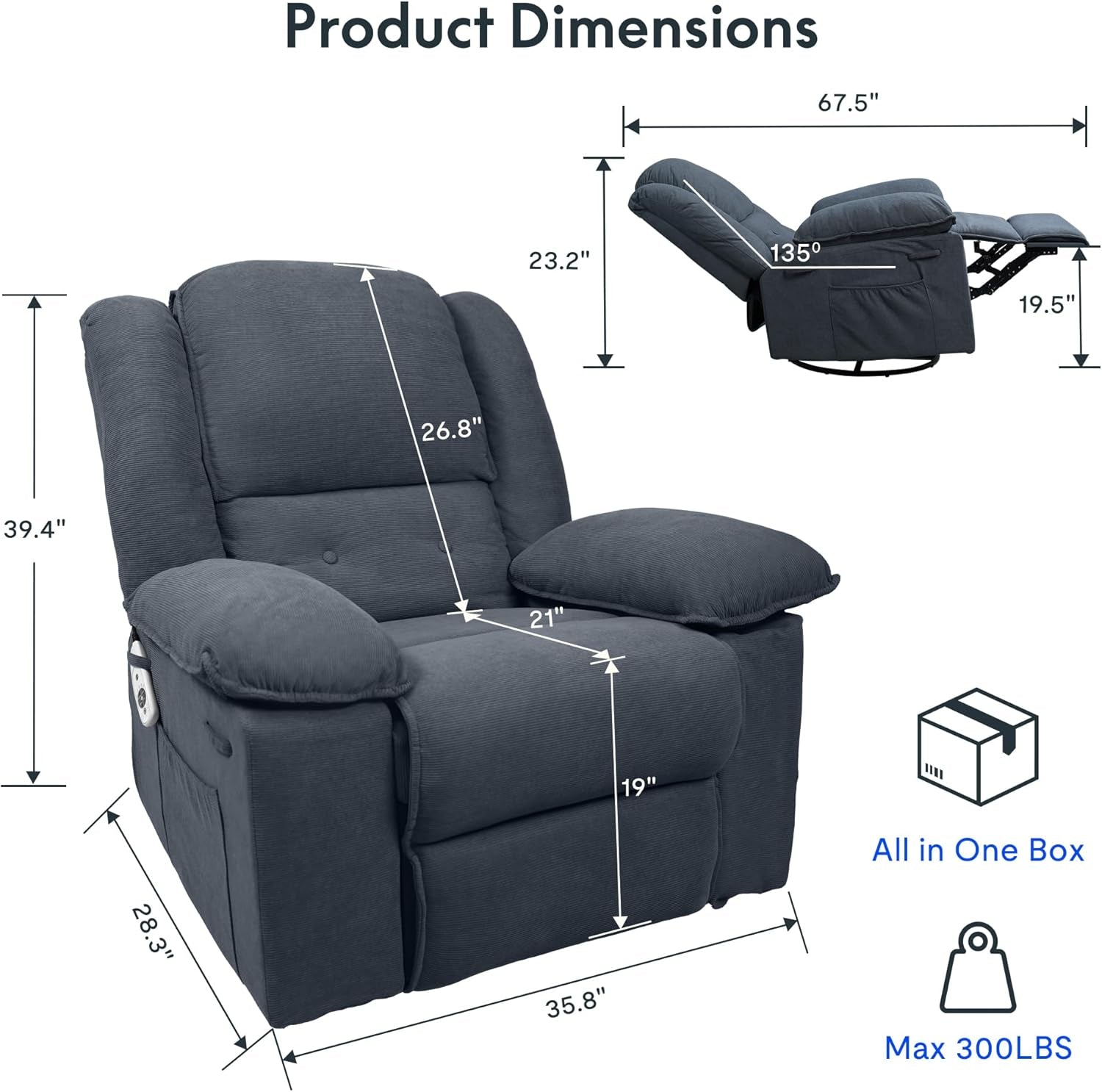 XRC2 Rocker Recliner Chair for Adults - Massage Rocker Recliner Chair W/Heat & Vibration, 270° Swivel Manual Rocking Chair Single Sofa for Living Room Bedroom(Grey)-2