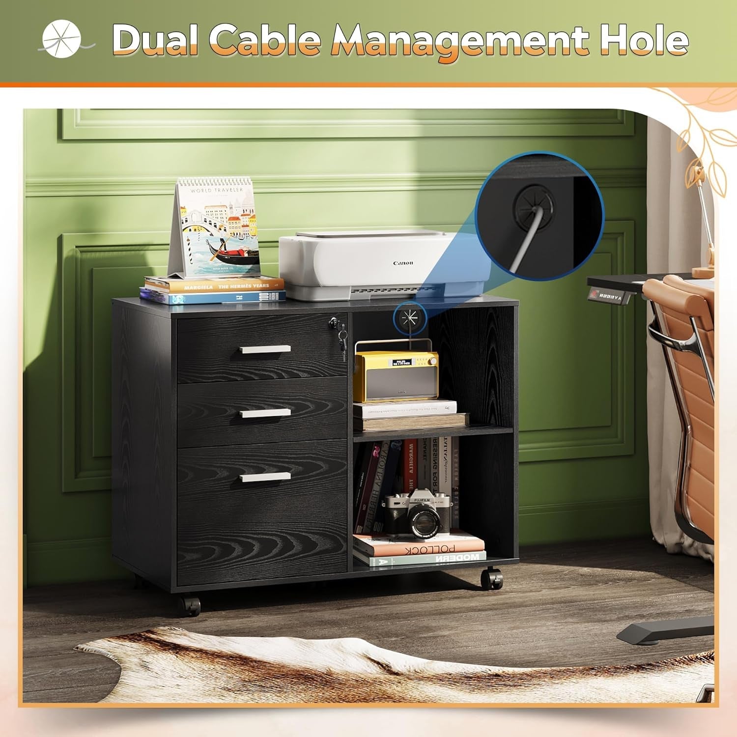 3-Drawer Wood File Cabinet with Lock, Mobile Lateral Filing Cabinet, Black-2