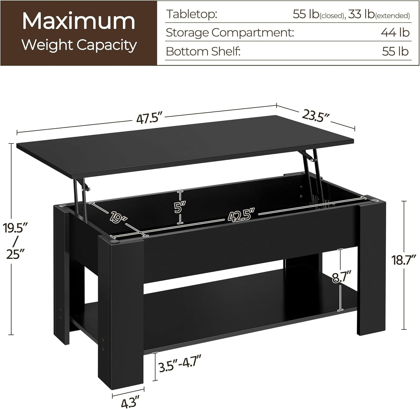 Lift Top Coffee Table with Hidden Compartment and Storage Shelf, Rising Tabletop Dining Table for Living Room Reception Room, 47.5In L, Black-2