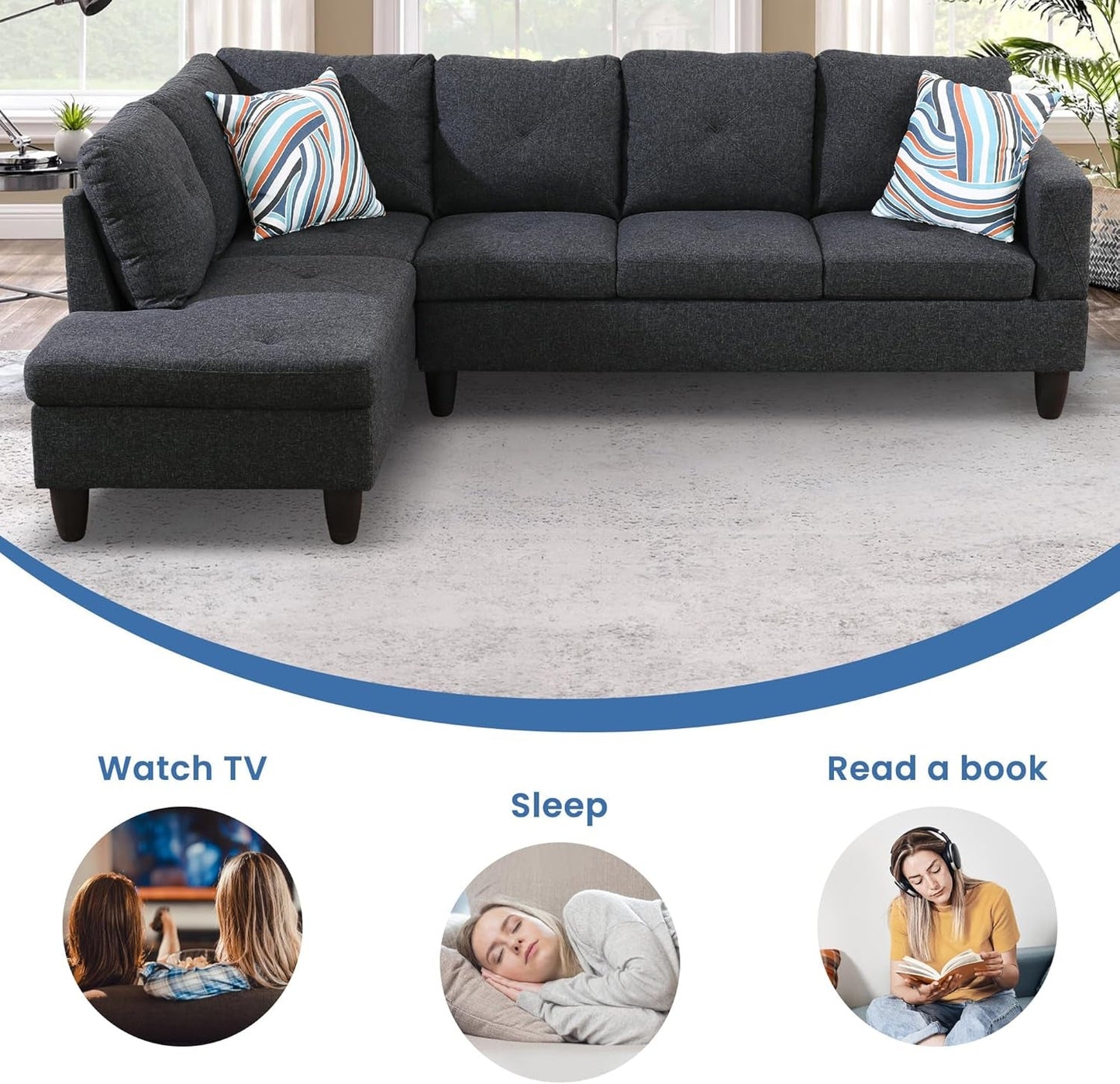 L-Shaped Sectional Sofa Set Luxurious Flannelette 5-Seat Couches, Durable and Comfortable, Space-Saving Design Perfect for Modern Living Room, Apartment, Black Grey-3