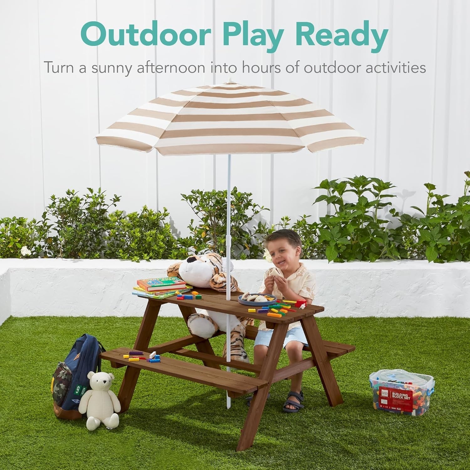 Kids Wooden Picnic Table with Adjustable Umbrella-2