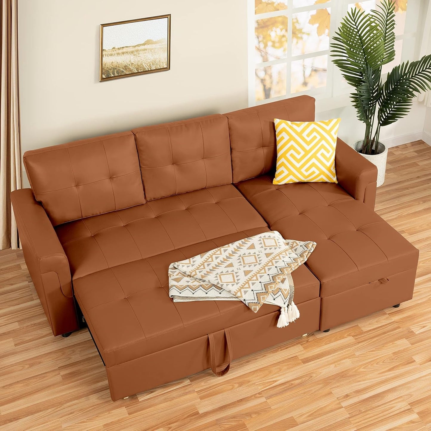 Caramel Air Leather Tufted L-Shape Sleeper Sofa Storage-0