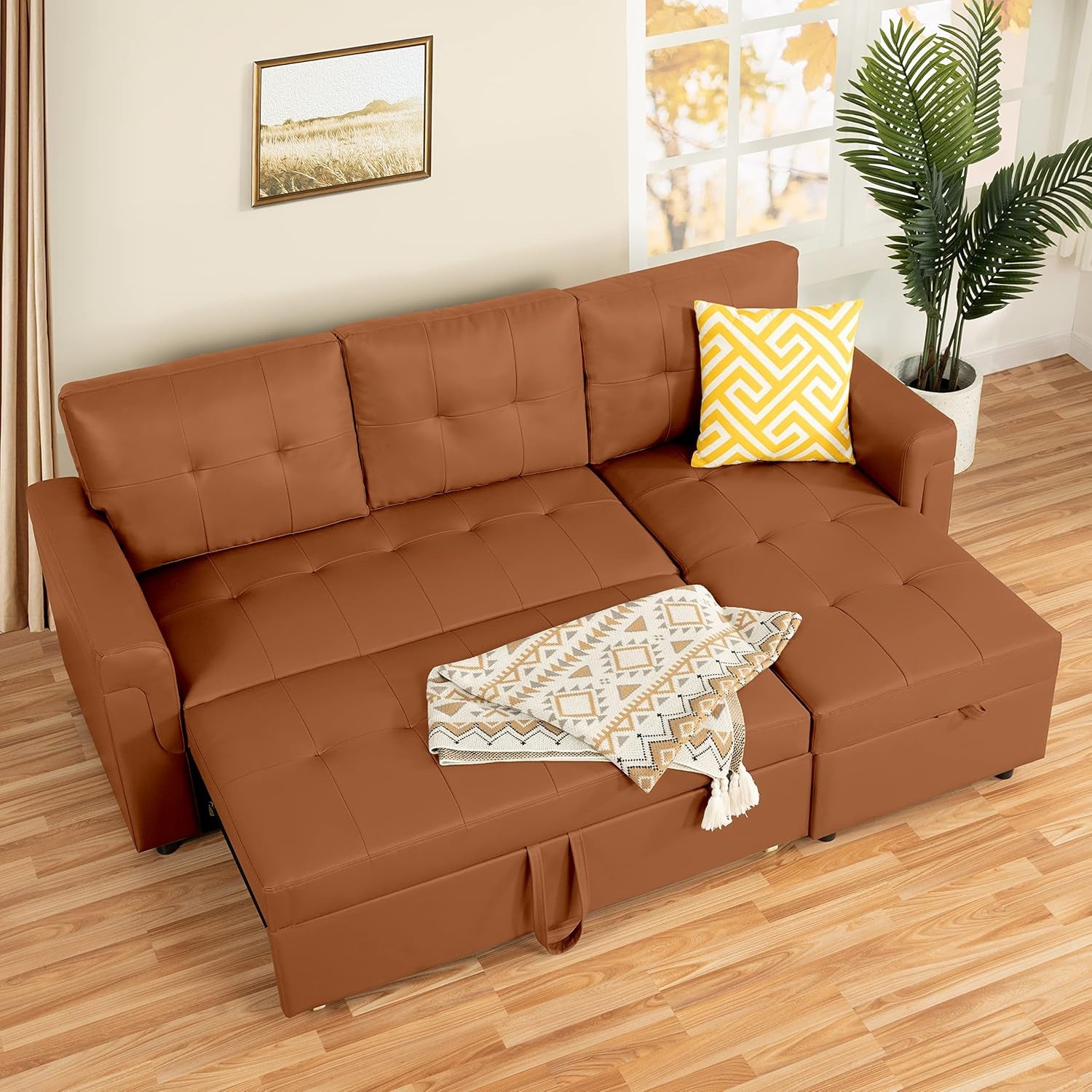 Caramel Air Leather Tufted L-Shape Sleeper Sofa Storage-0