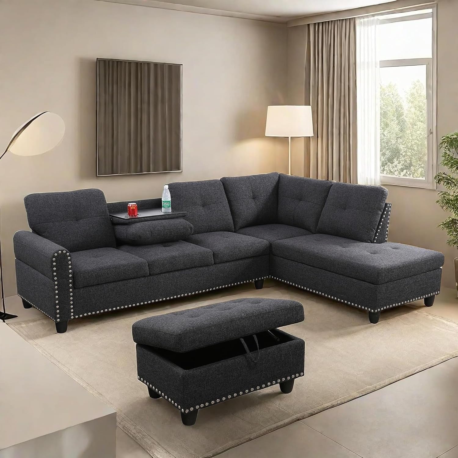 L Shaped Sectional Couches, Modular Sectional Sofa with Ottoman Storage, Nail-Head Design Lounge Sofa with Reversible Cup Holder for Living Room, Bedroom, Gray-2