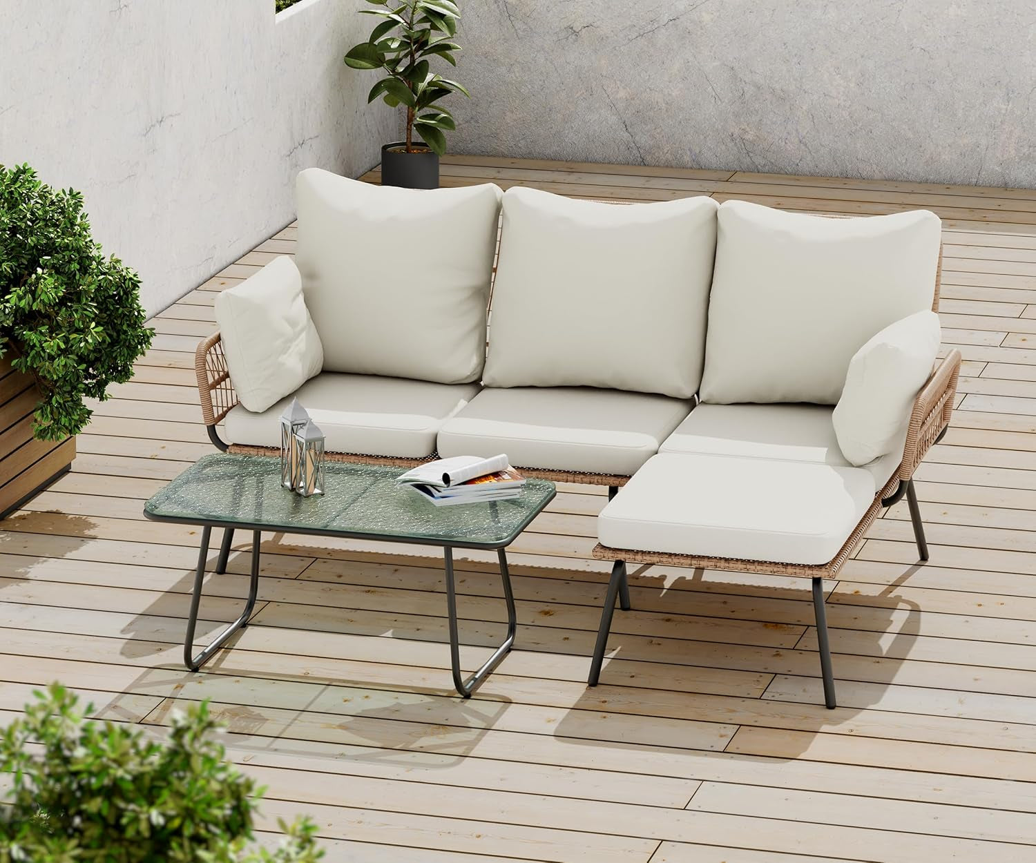 L-Shaped Outdoor Loveseat Sectional Set for Patio, Backyard, Porch with Thick Cushions, Detachable Lounger, Coffee Table-0